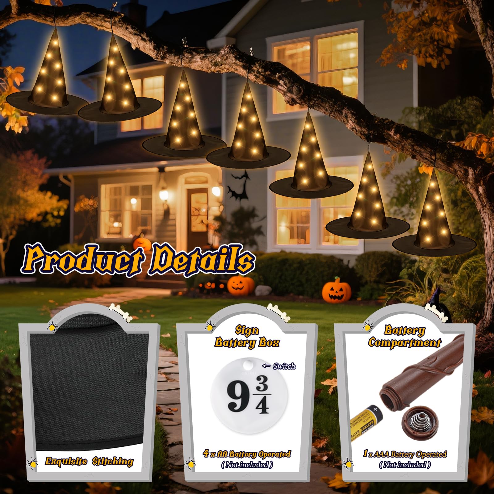 FlyQintess 8Pcs Hanging Witch Hats String Light, Floating Witch Hat with 8 Light Modes with Wand Control, Floating Light Up Blac