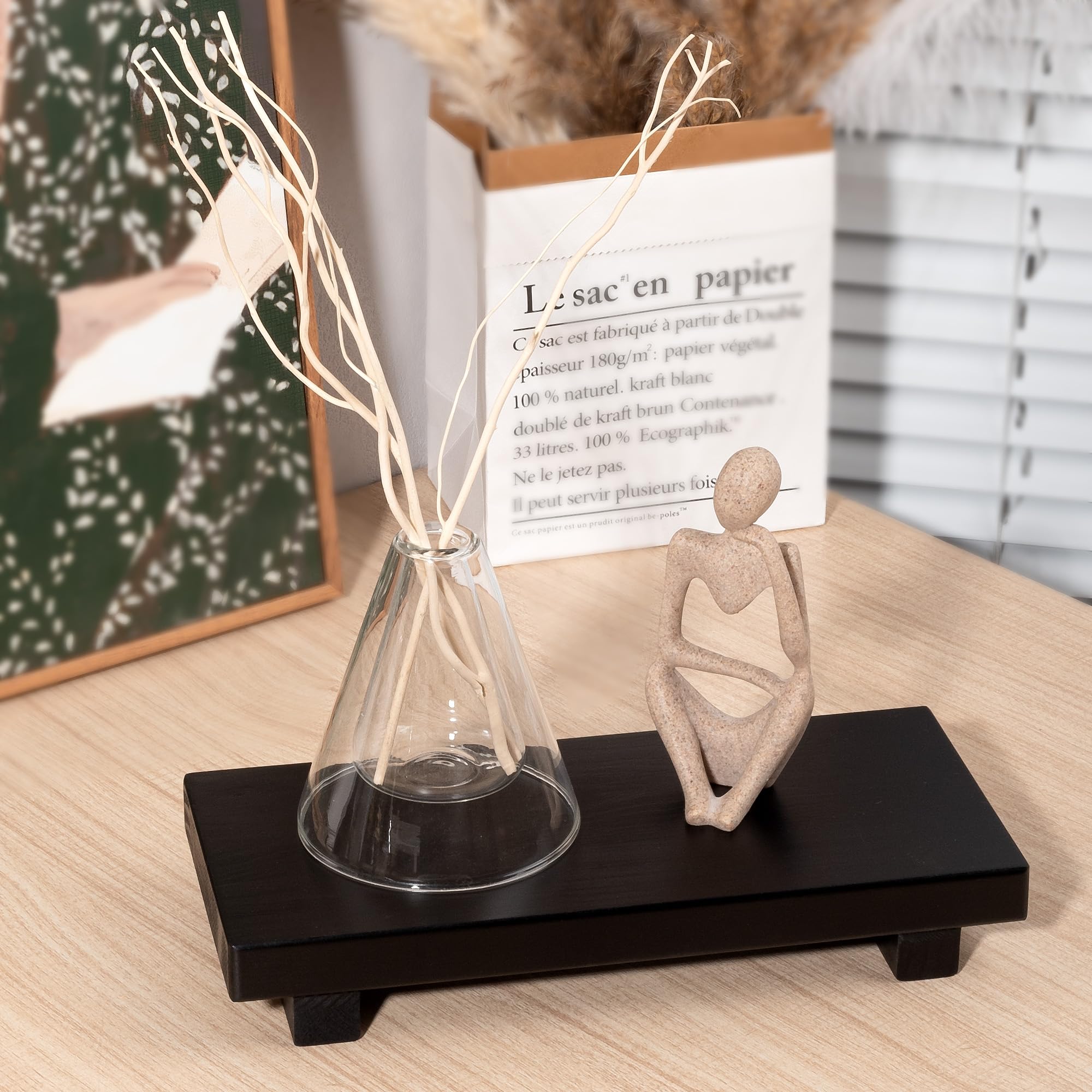 Bathroom Counter Organizer Wood Pedestal Stand Farmhouse Decorative Tray Soap Holder For Kitchen Decor, Large 10'' X 4.5'' - Bla