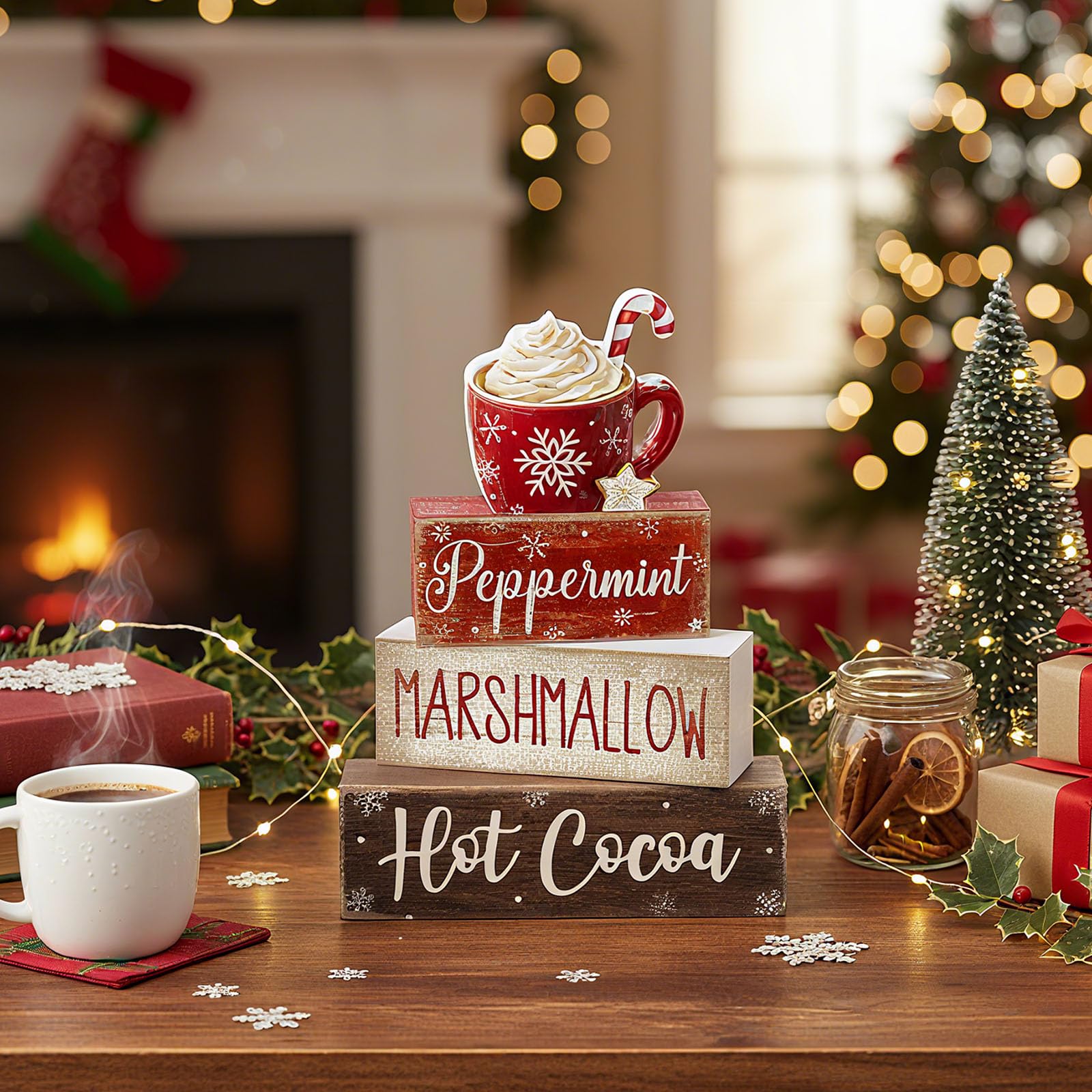 Moucuny 4 Pcs Christmas Table Decor Wooden Hot Cocoa Decoration Christmas Centerpiece Winter Tiered Tray Decor Decorative Red Ho