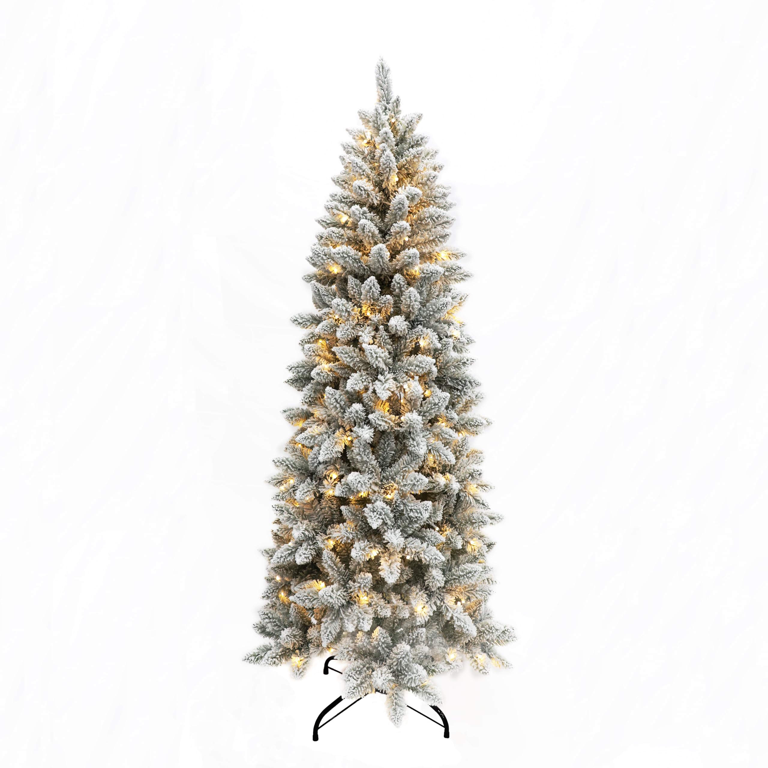 Senjie Prelit Snow Flocked Pencil Christmas Tree, Slim X-mas Tree with LED Lights,Folding Metal Stand, Perfect for Holiday Indoo