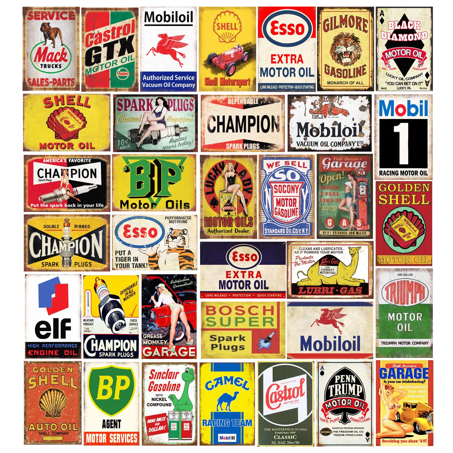 35 Pieces Reproduced Vintage Tin Signs, Gas Oil Retro Advert Antique Metal Signs for Garage Man Cave Bar Kitchen, Nostalgic Car 