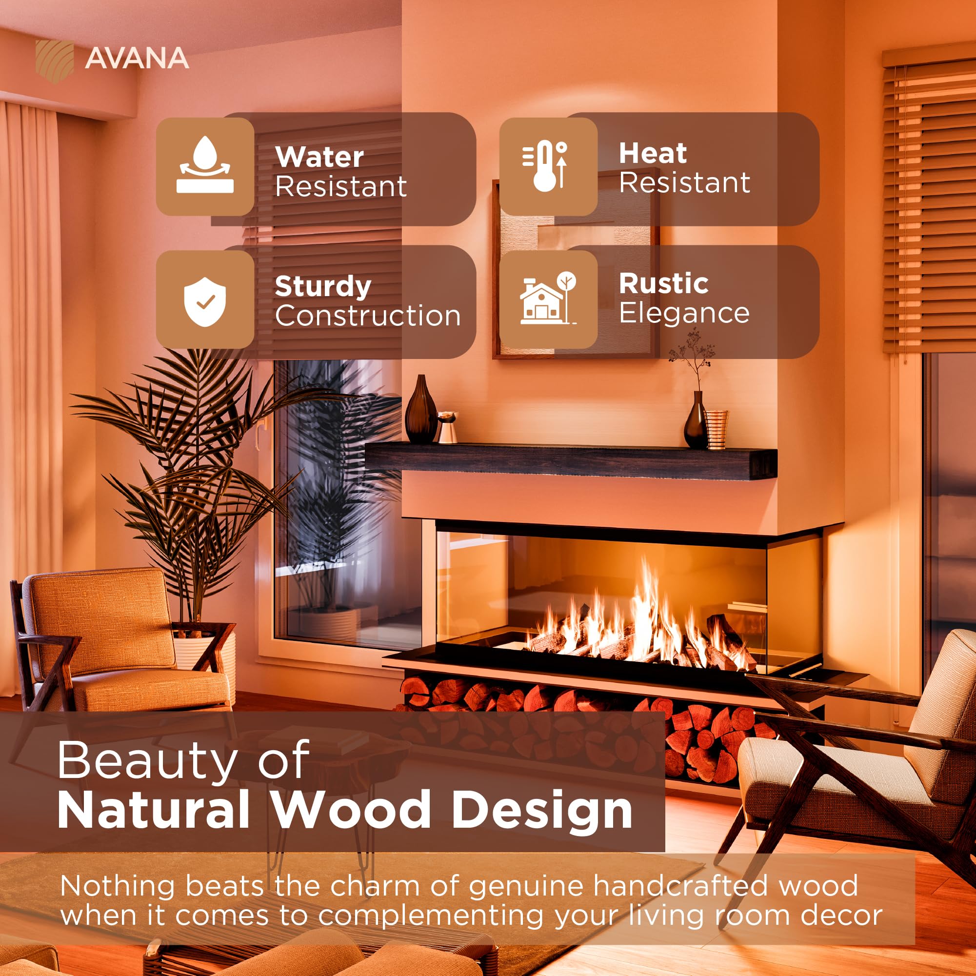 Avana Floating Fireplace Mantle - Mantles For Over Fireplace - Wall Mount Fireplace Mantel Shelves - Handcrafted Natural Wood Fi