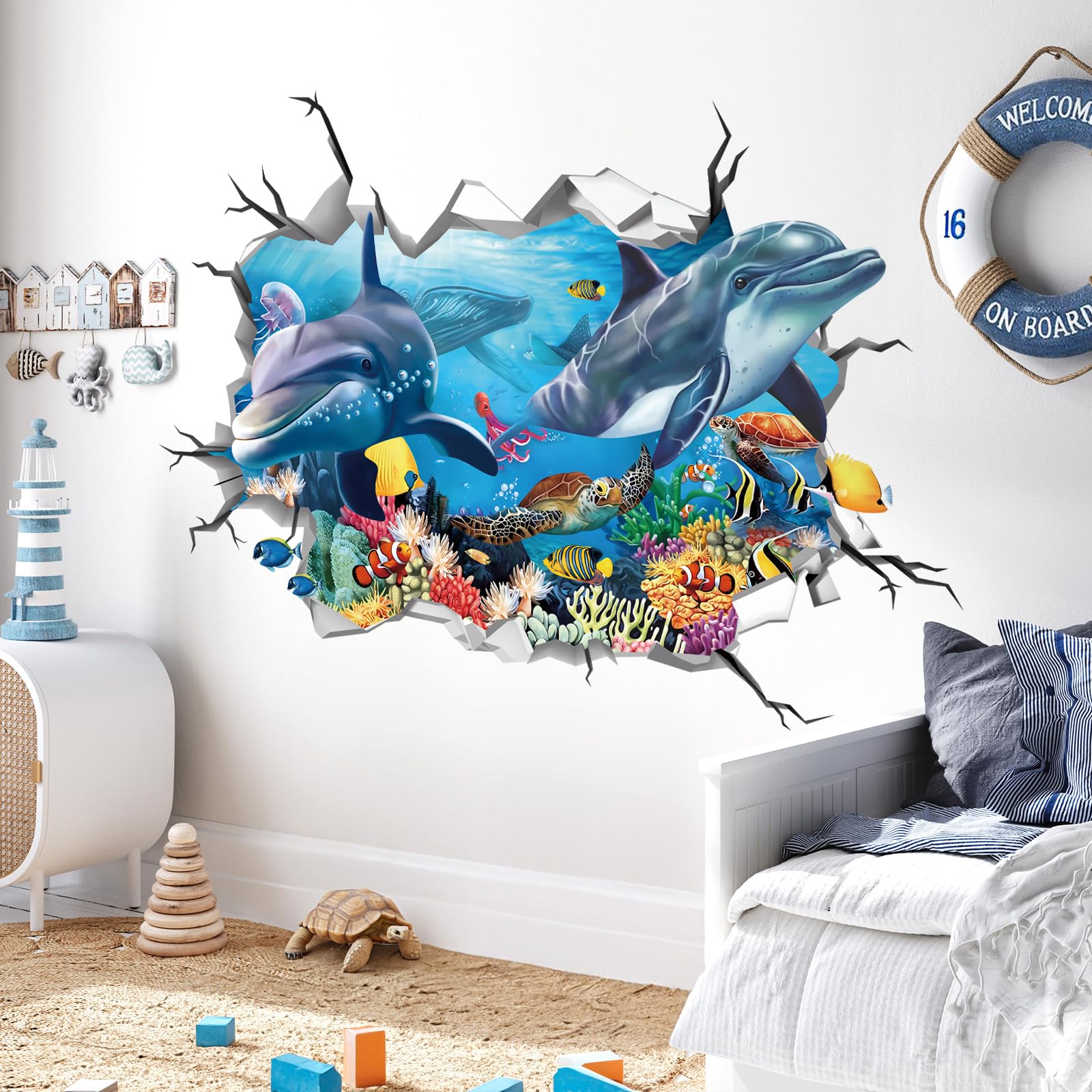 Decalmile 3D Under The Sea Dolphin Fish Wall Decals Ocean Turtle Seaweed Broken Wall Stickers Boys Bedroom Living Room Bathroom