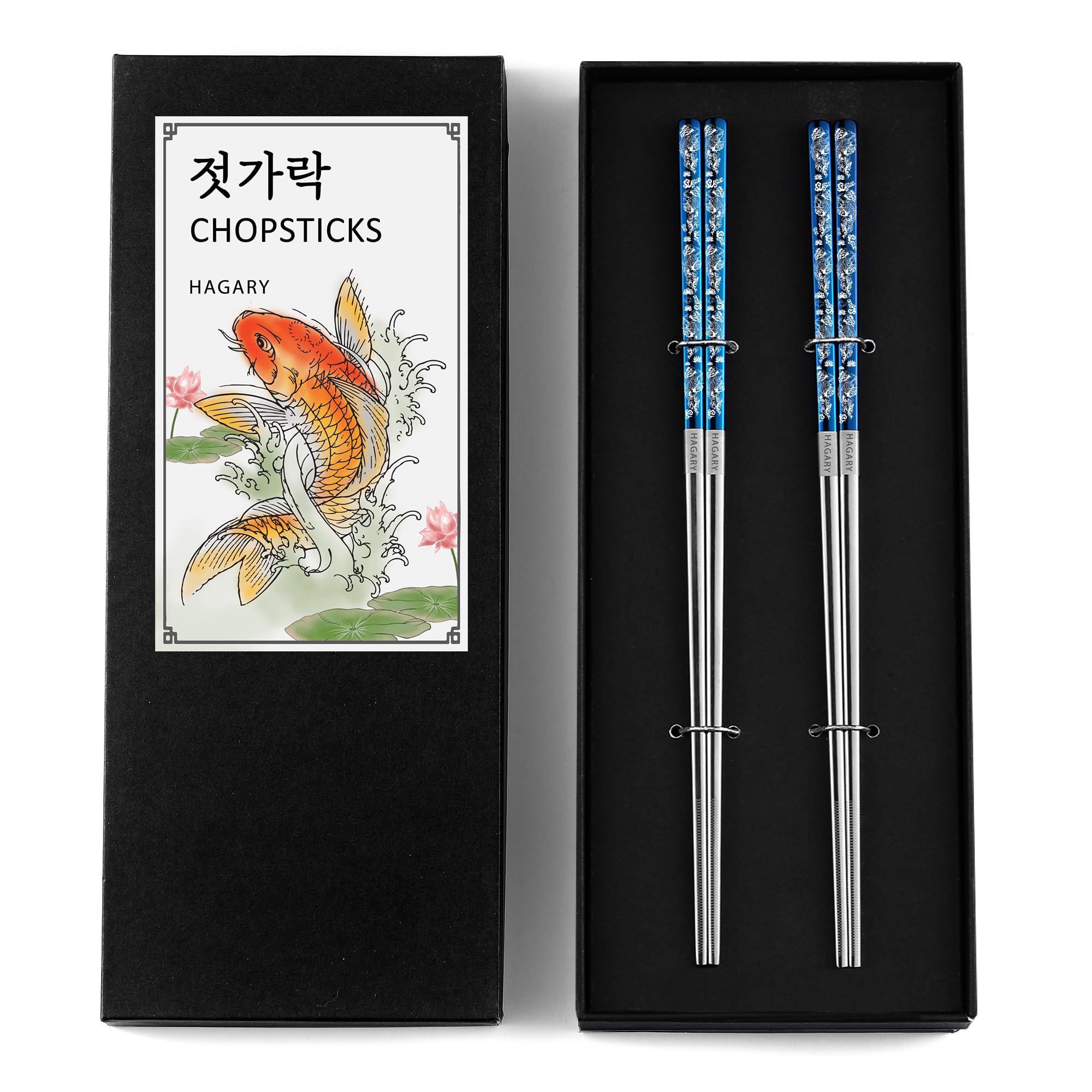 Hagary Carp Reusable Chopsticks Square Metal Stainless Steel 316 18/10 Non-Slip Dishwasher Safe Designed In Korea Japanese Style