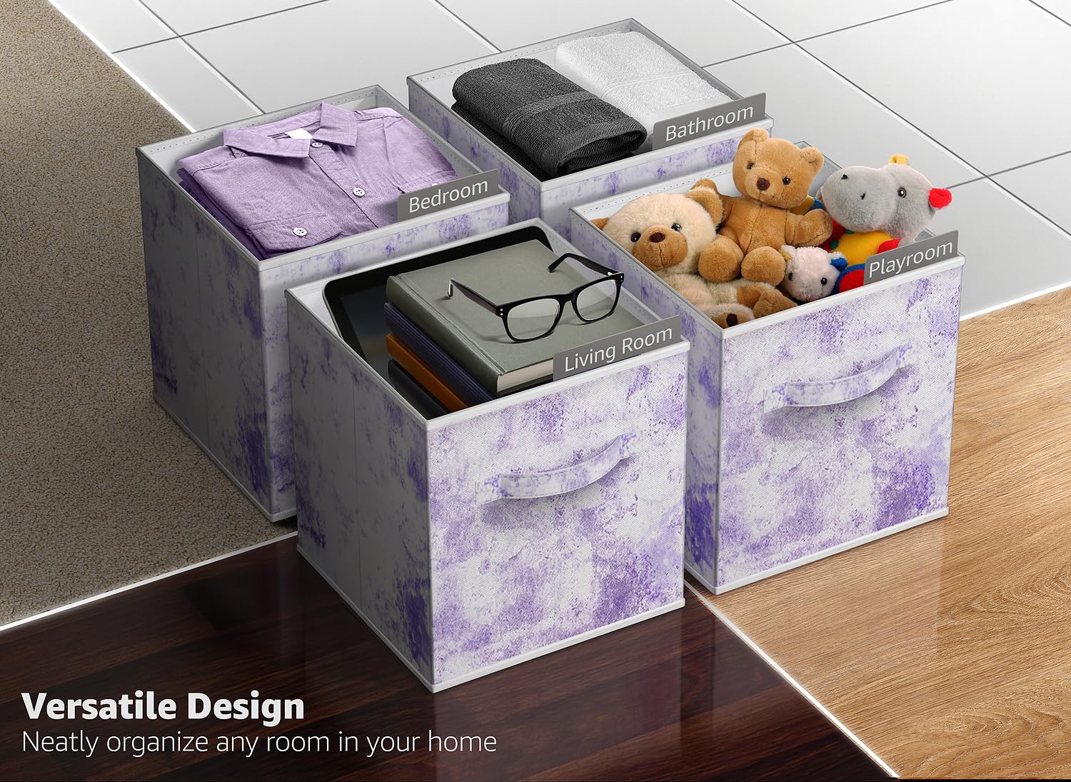 Sorbus Collapsible Storage Bins - 11'' Sturdy Foldable Fabric Storage Cubes With Handle - 4 Tie-Dye Purple Organization And Stor