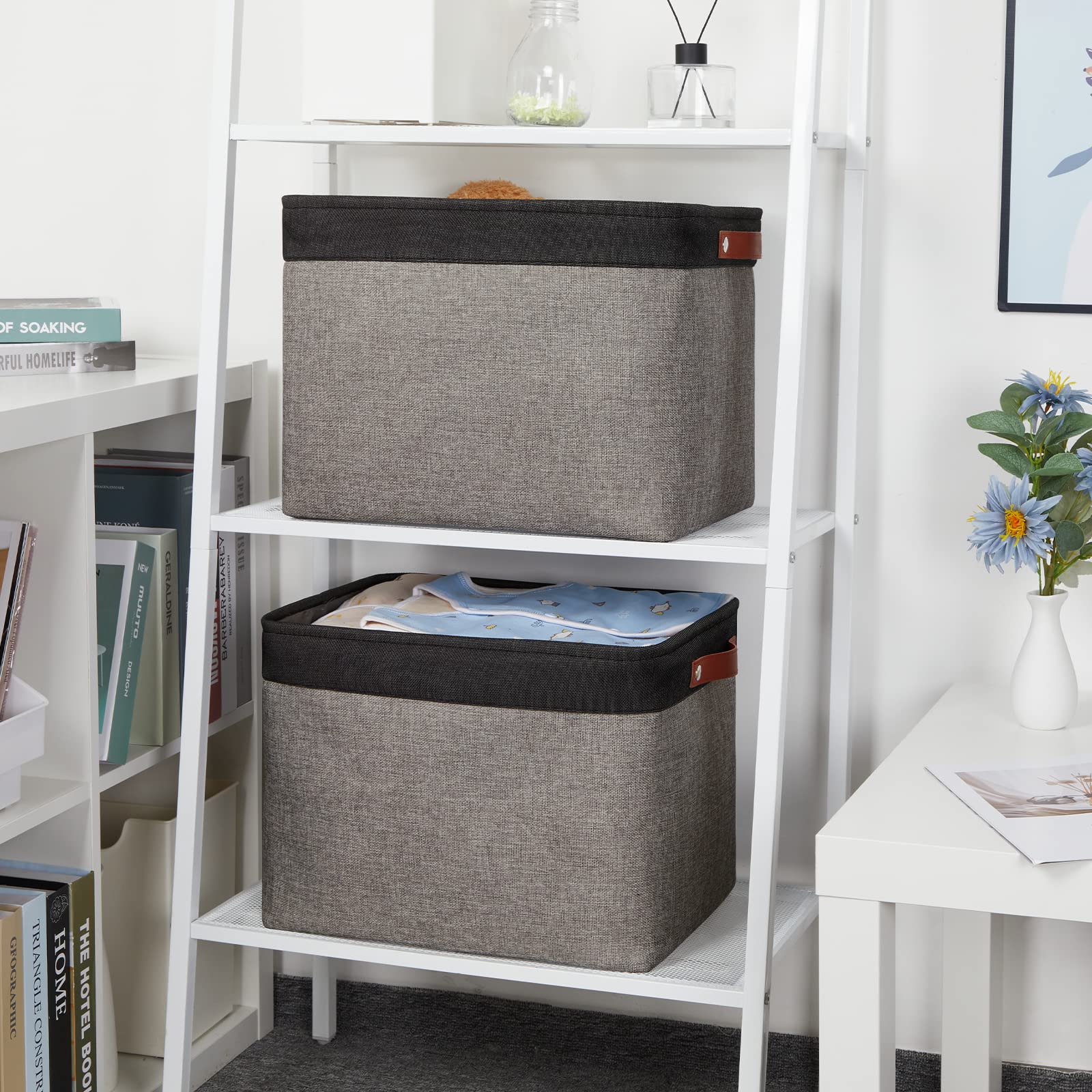 Dullemelo Storage Bins 16''X12''X12'' With Leather Handles For Organizing,Decorative Collapsible Storage Baskets For Shelves Clo