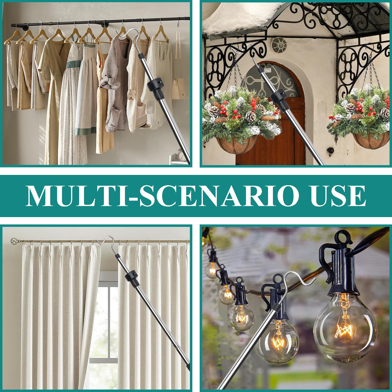 Greeily Clothes Hanger Reaching Hook Telescopic Adjustment Clothes Hook Pole Light And Can Extend From 37'' To 65'' With 4.7 ''H