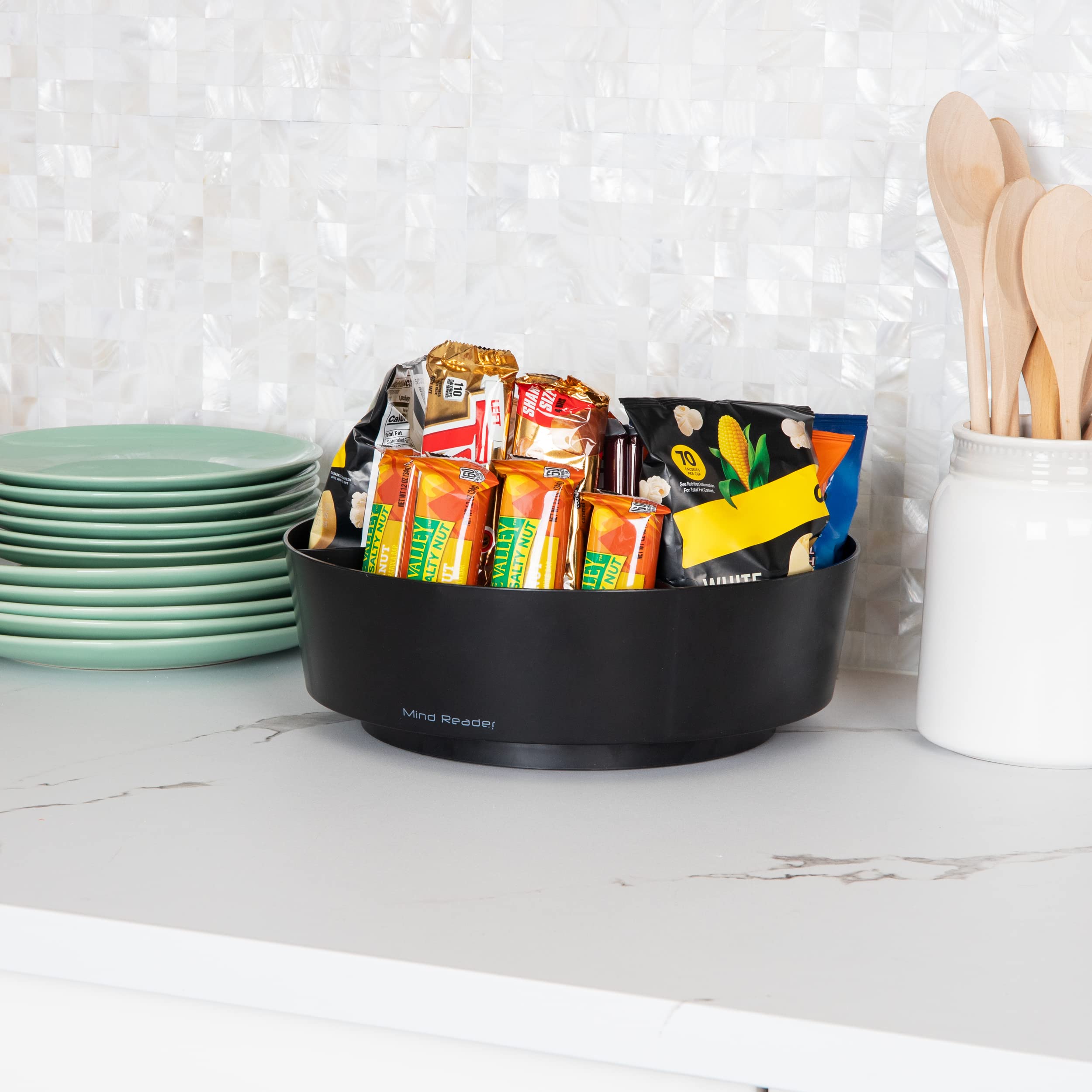 Mind Reader Snack Carousel, Countertop Organizer, Snack Tray, Condiment Holder, Breakroom, Kitchen, 12'' L X 12'' W X 4'' H, Bla