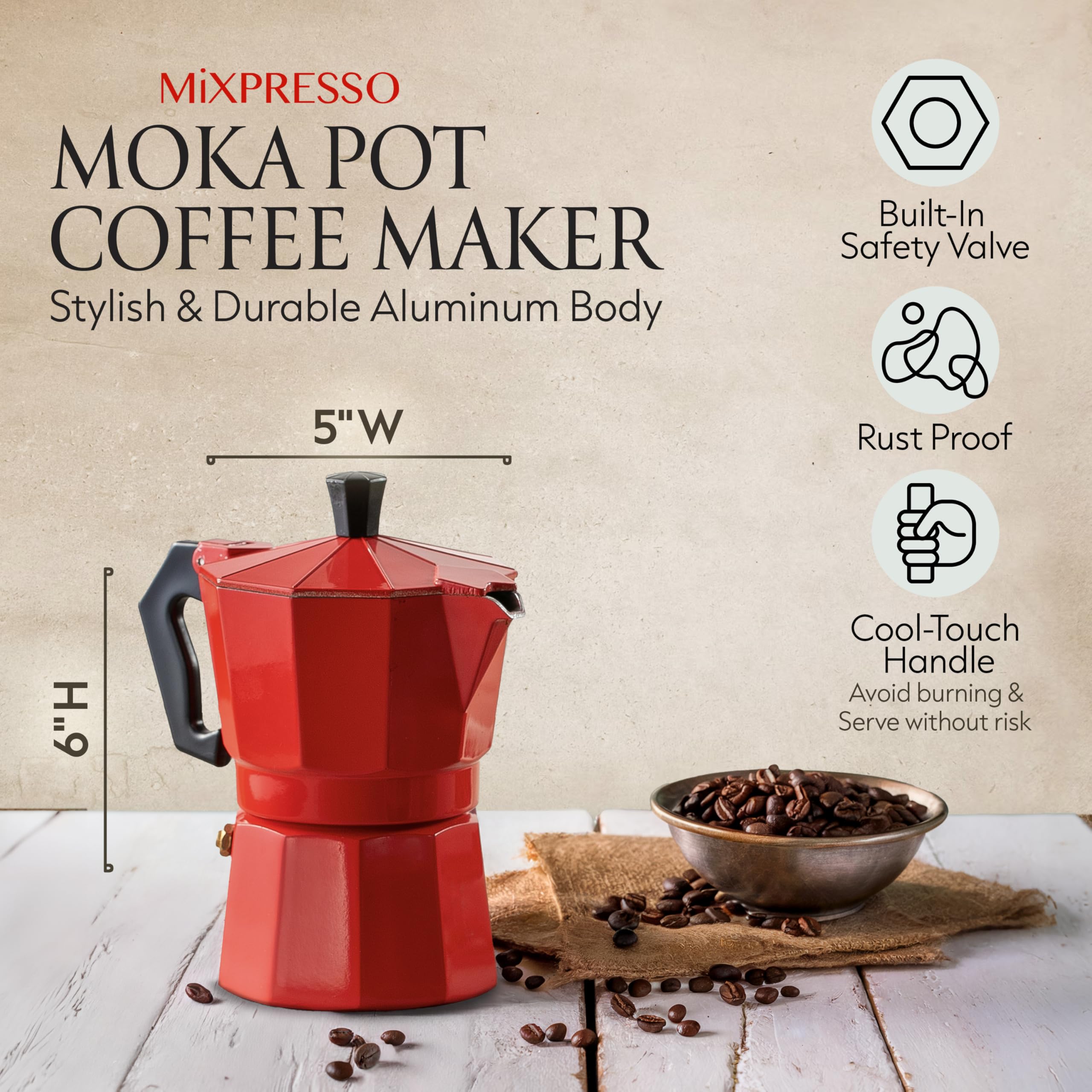 Mixpresso Aluminum Moka Stove Coffee Maker, Red Moka Pot Coffee Maker For Gas & Electric Stove Top, Classic Italian Coffee Maker