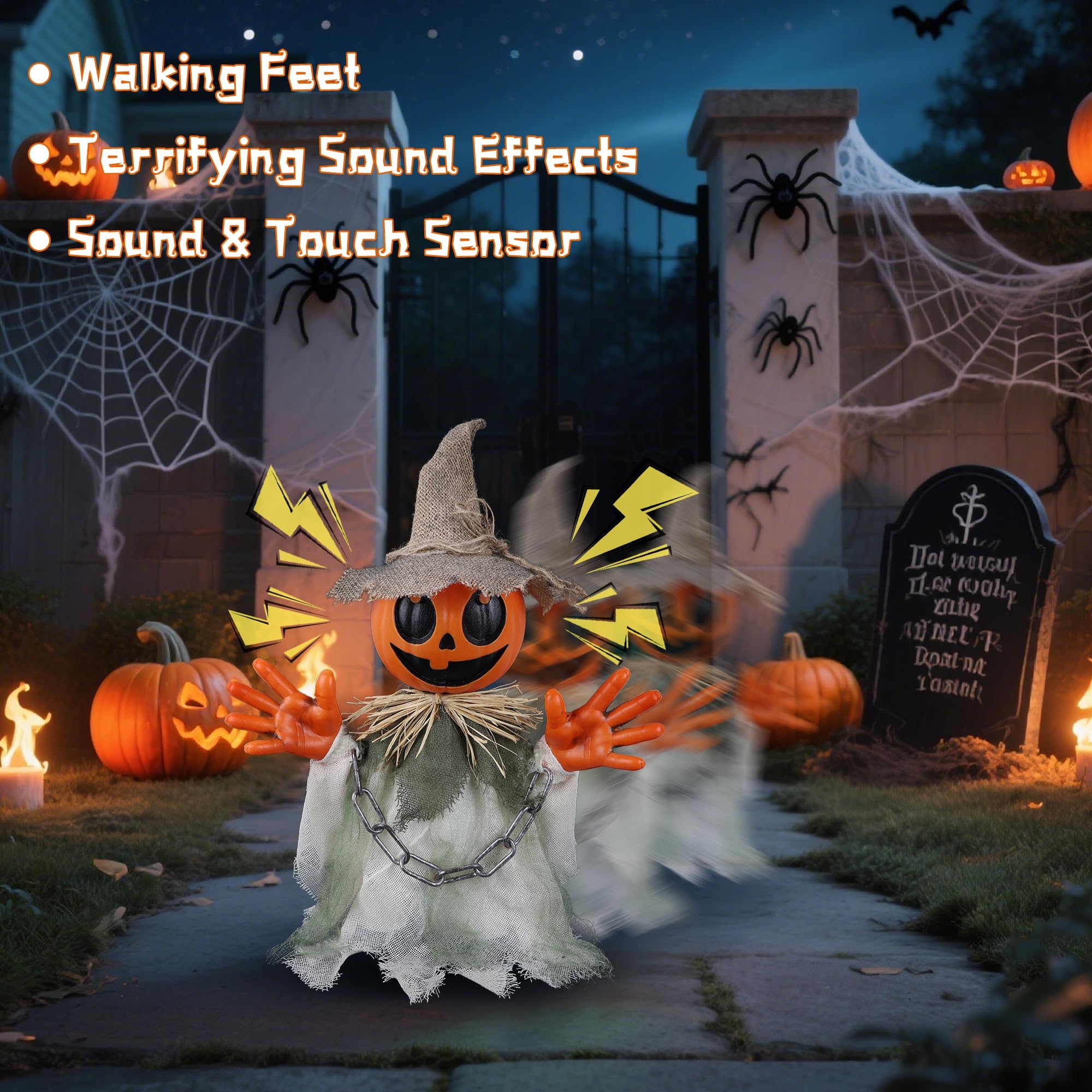 Prsildan Animatronic Halloween Decorations - 16 Walking Pumpkin Ghost with Sound & Touch Sensor