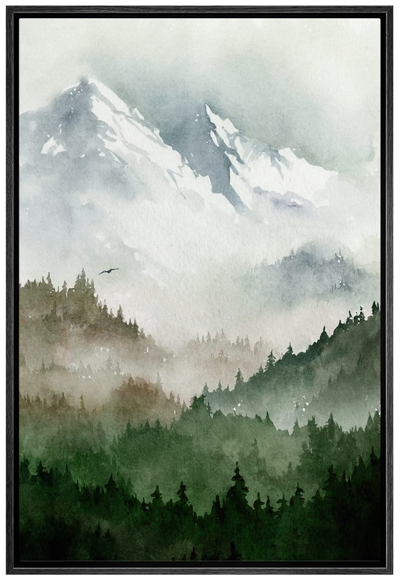 Signwin Framed Canvas Print Wall Art Woodland Nursery Decor Green Winter Mist Mountain Forest Trees Nature Modern Art Decorative