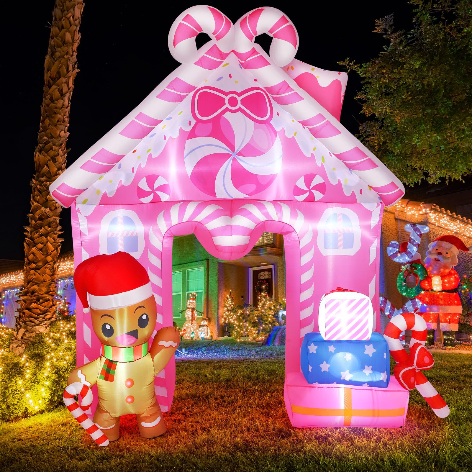 Lenwen Lenwen 10 ft Pink Christmas Inflatable Gingerbread House Archway Gingerbread Man Cookie House and Candy Cane Decor with L
