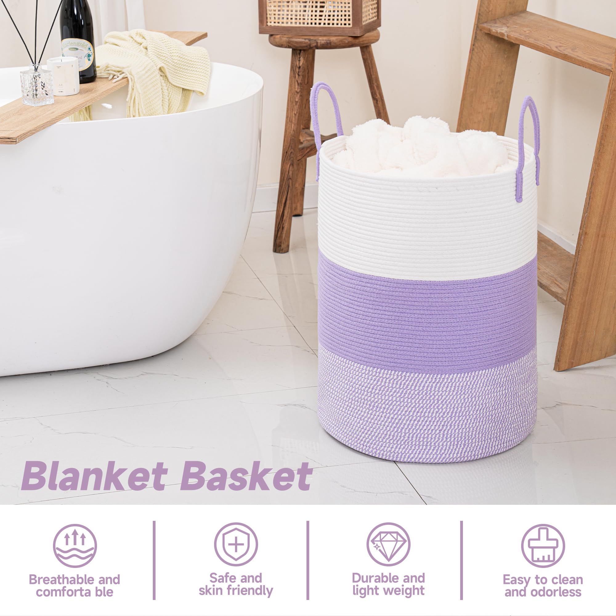 Clhmily&Z 80L Laundry Basket Round Storage Rope Basket - 16.5X22.5 Inches - Lavender Hamper In Bedreoom And Cute Storage Bin For