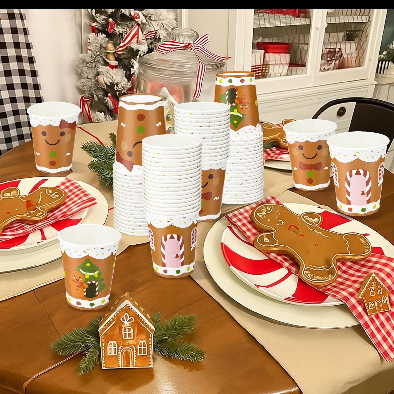 Funtery 100 Pieces Christmas Gingerbread Paper Cups Hot Chocolate Cups Xmas Disposable Coffee Cup Gingerbread Man Christmas Tree
