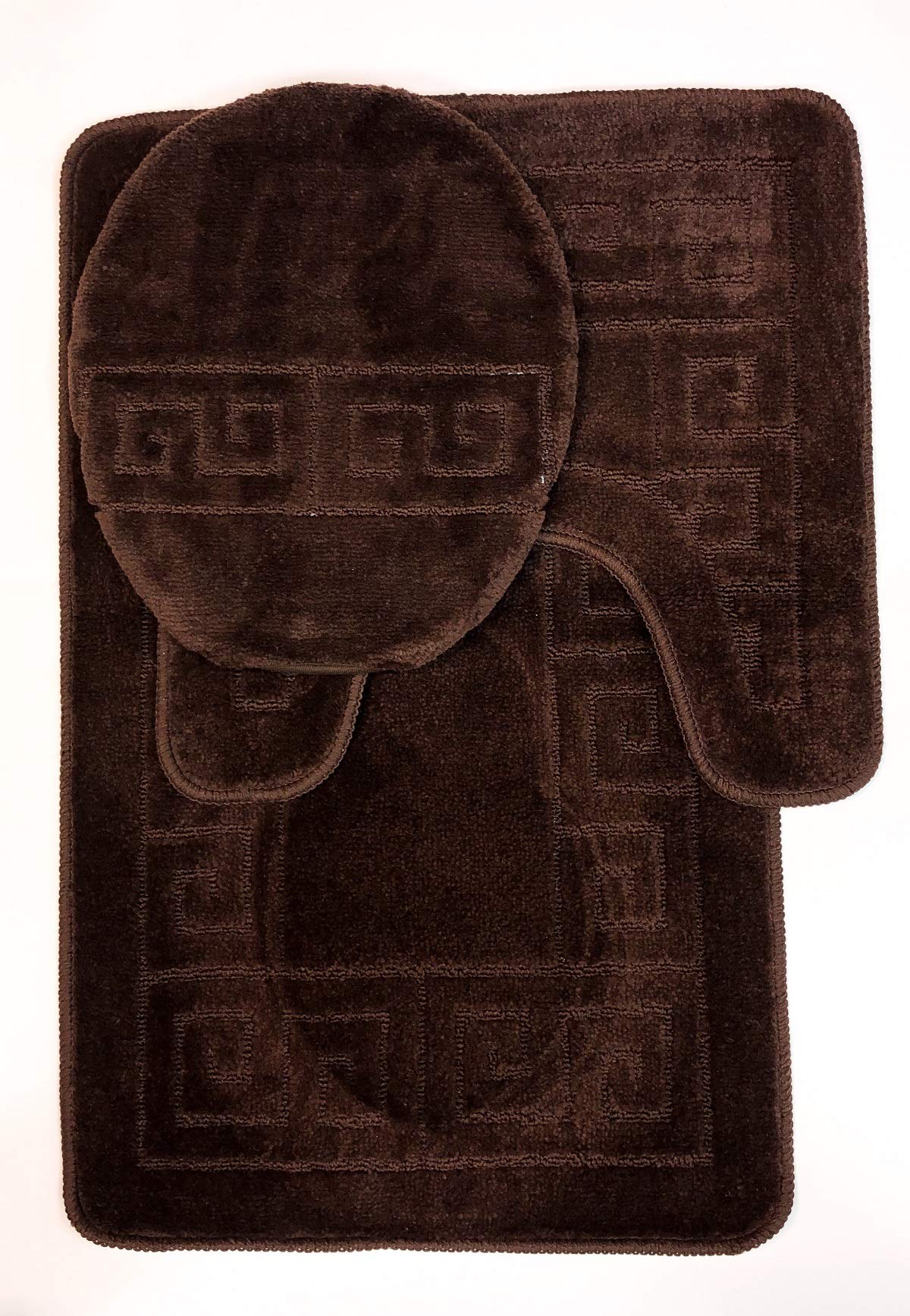 3 Piece Bath Rug Set Pattern Bathroom Rug (20X32)/Large Contour Mat (20X20) With Lid Cover (Brown)