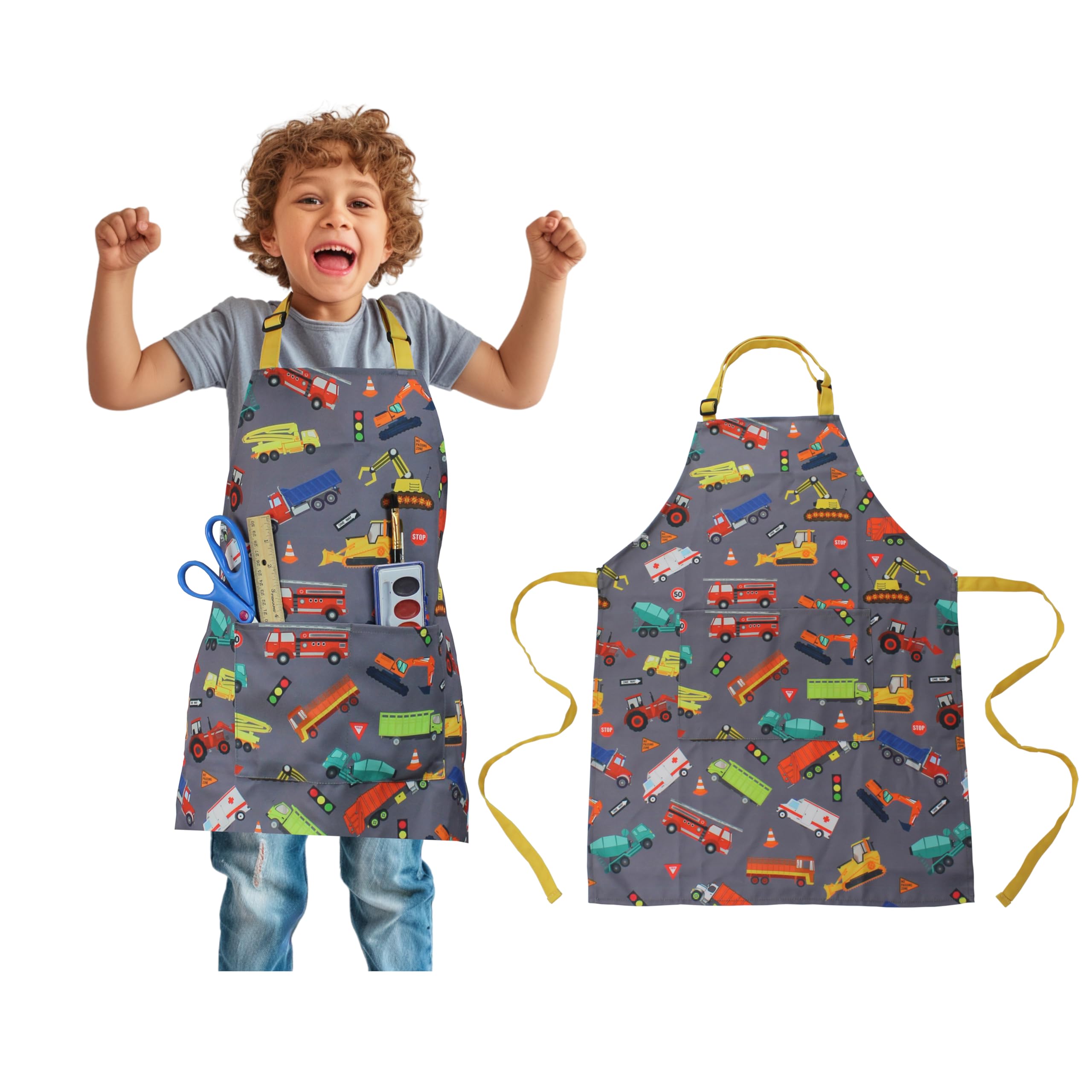 Dashn Products Kids Apron - Truck - Dual Pockets - Chef Kitchen Cooking Garden Artist Painting Cleaning Baking Pottery Gift Boys
