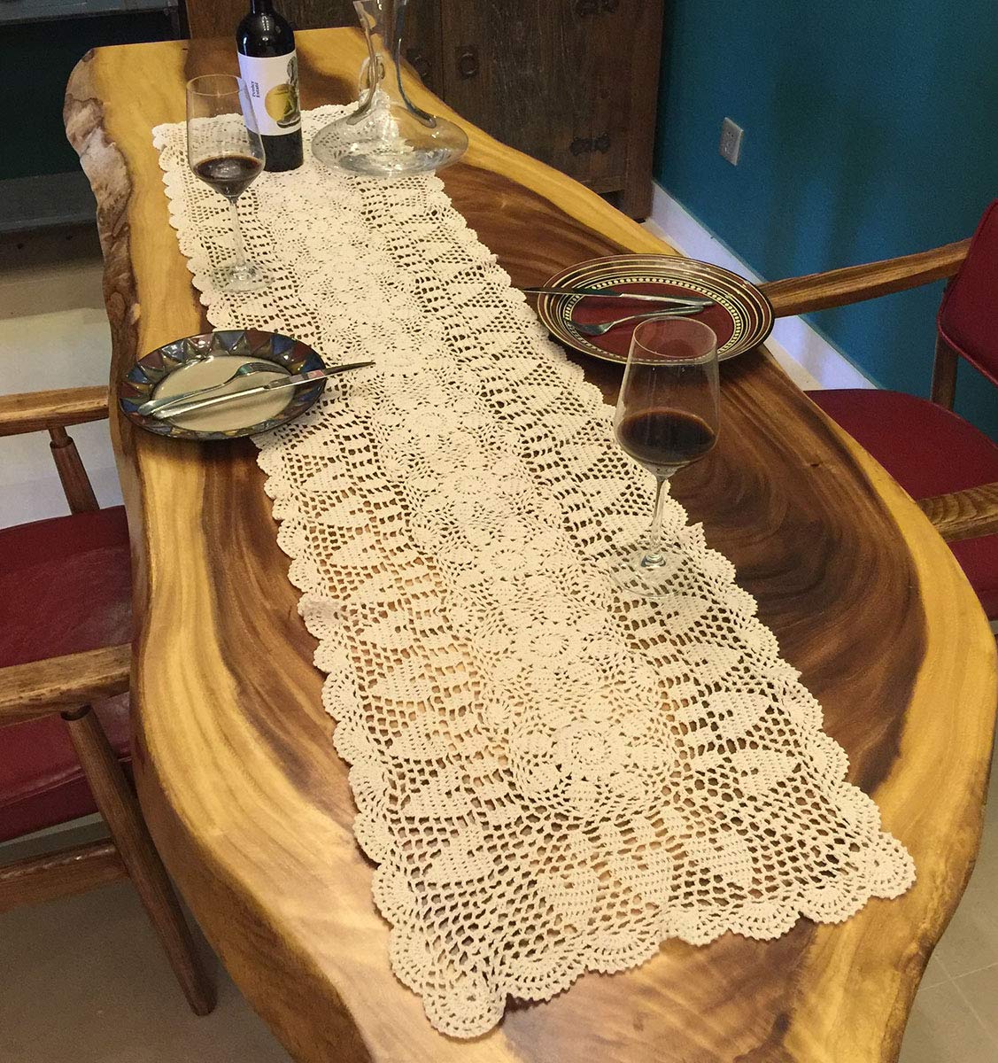 Janef Beige Handmade Crochet Doilies Cotton Table Runner Lace Doilies Doily Rectangle Dresser Scarves For Bedrooms,16 By 63 Inch