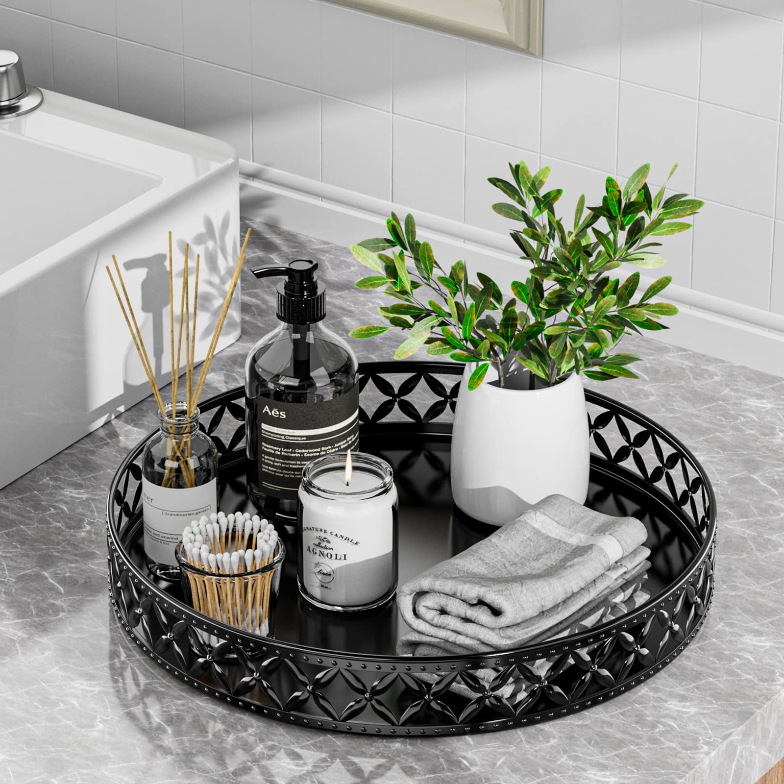 Vanity Tray For Bathroom Counter - 11 Inch Black Decorative Tray Bathroom Counter Tray Organizer For Perfume Cosmetics Jewelry M