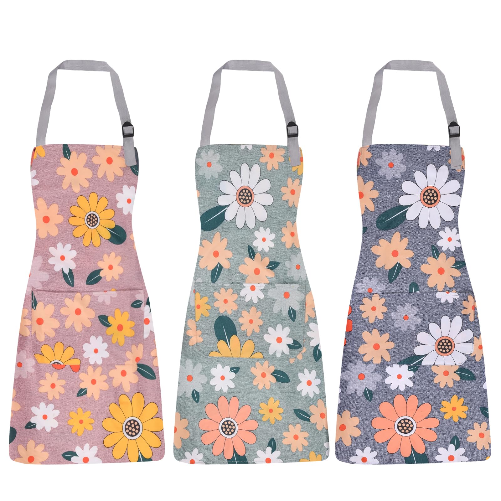 Daolong 3 Pack Floral Apron For Women With Pockets, Adjustable Aprons For Women For Kitchen Cooking, Gardening & Salon, Delantal