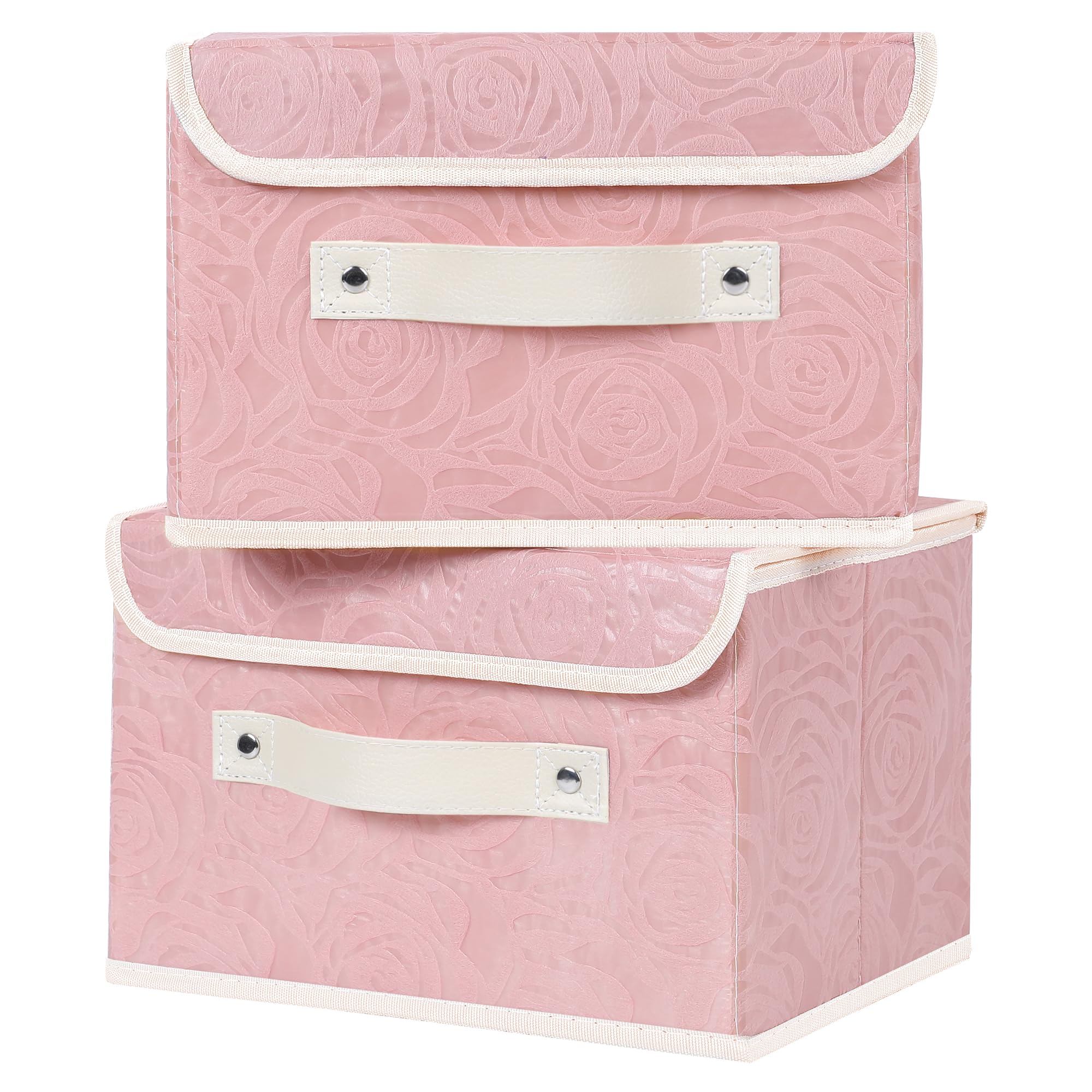 Anminy 2Pcs Fabric Storage Bin With Lid Rose Print Box Basket With Pu Leather Handles Washable Pp Plastic Board Decorative Folda