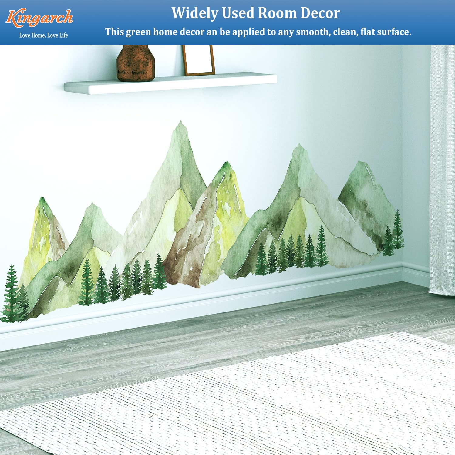 Kingarch Large Mountain Wall Decals, Green Pine Tree Peel And Stick Vinyl Wall Stickers & Murals, Removable Home Room Wall Decor