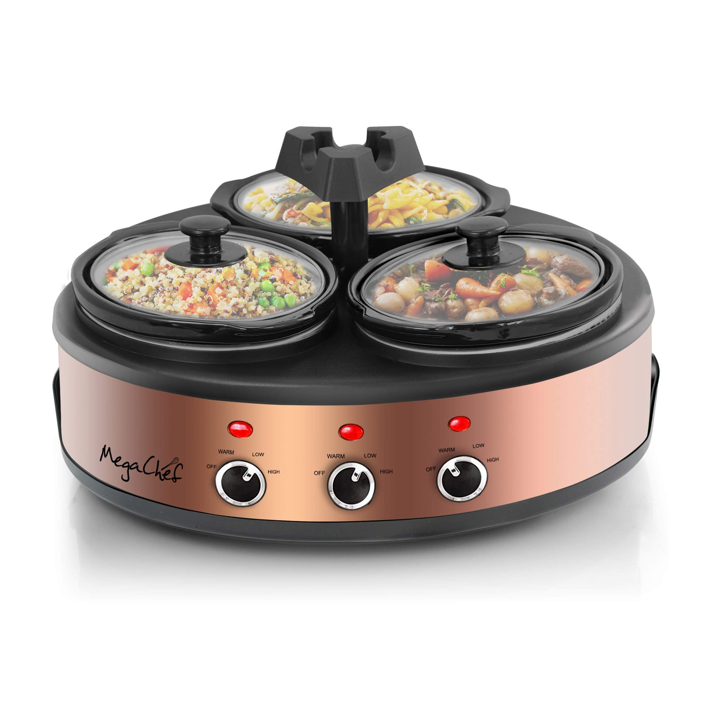 Megachef Round Triple 1.5 Quart Slow Cooker And Buffet Server In Brushed Copper And Black Finish With 3 Ceramic Cooking Pots And