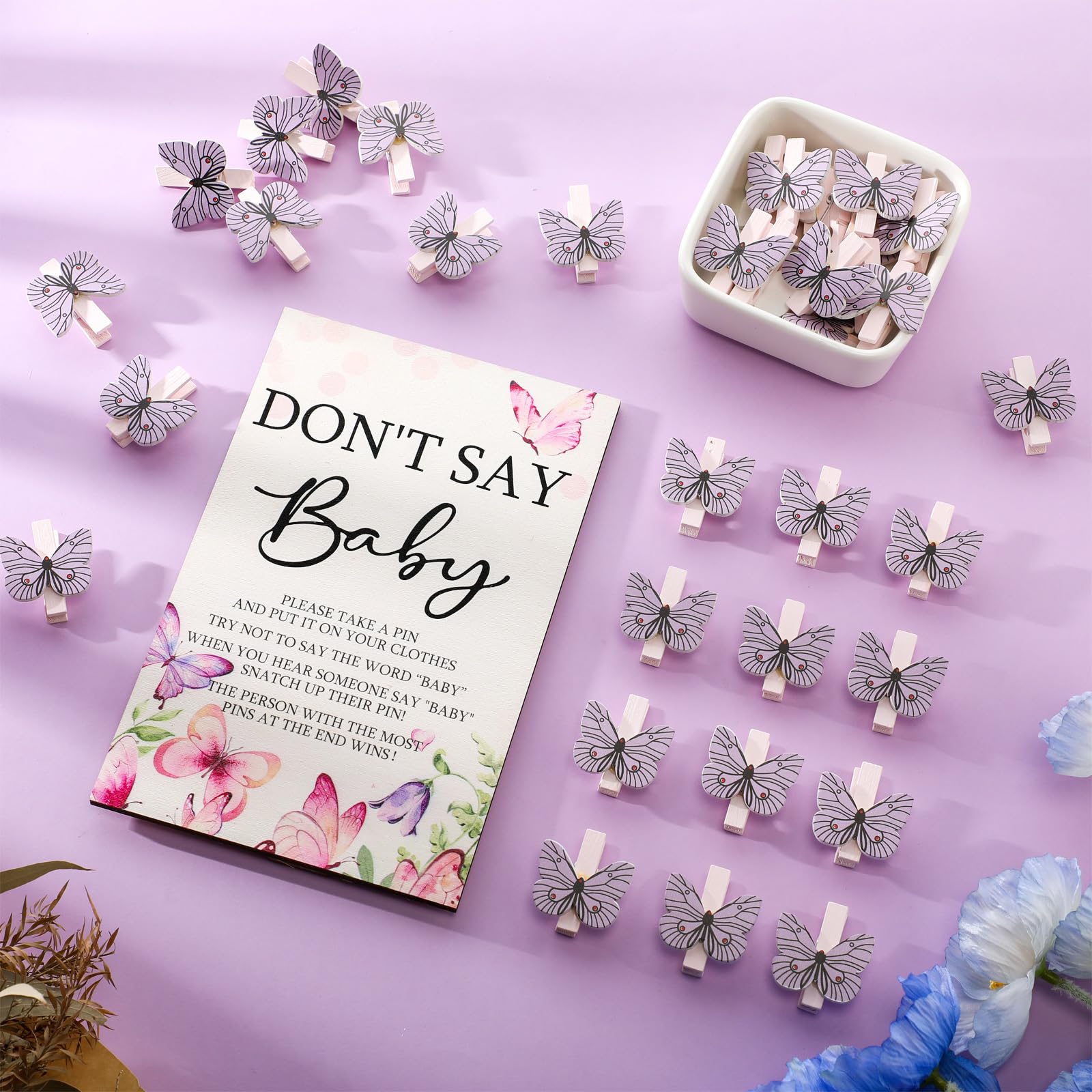 Unittype 51 Pcs Don'T Say Baby Shower Game Supplies Include Purple Butterfly Theme Baby Shower Sign And 50 Mini Butterfly Clothe