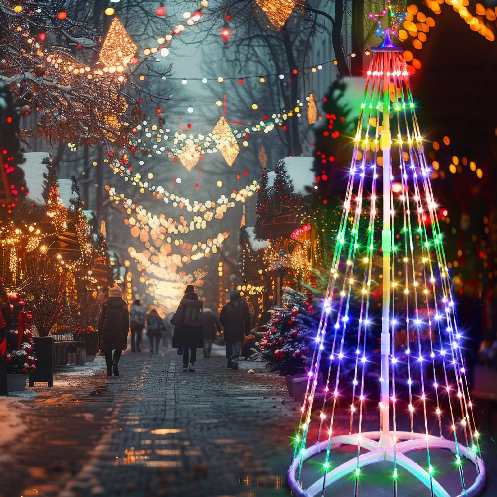 Tujoe 1 Pack 12FT Christmas LED Cone Tree Lights 24 Modes Color Changing with Timer Foldable Lighted Trees Waterproof Outdoor St