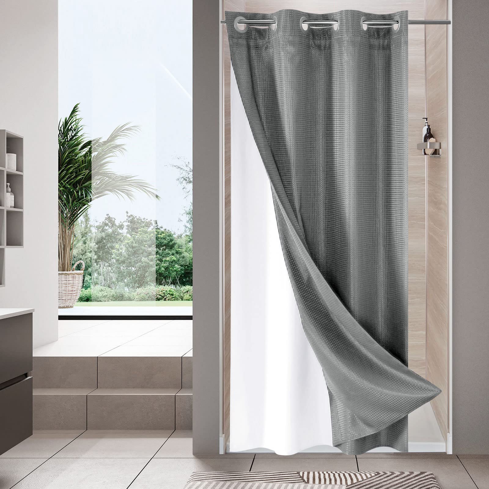 Mitovilla Grey Waffle Small Stall Shower Curtain 36 X 74, No Hooks Required Half Size Narrow Fabric Shower Curtain Set With Snap