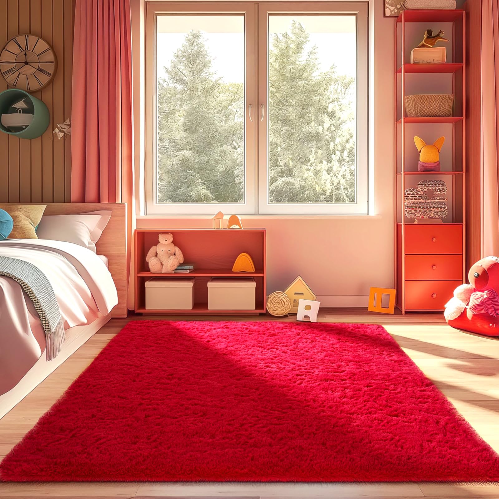Ophanie Red Rugs for Bedroom Living Room, Fluffy Fuzzy Furry Carpet, Plush Soft Shaggy Bedside Indoor Floor 4x6 Area Rug for Kid