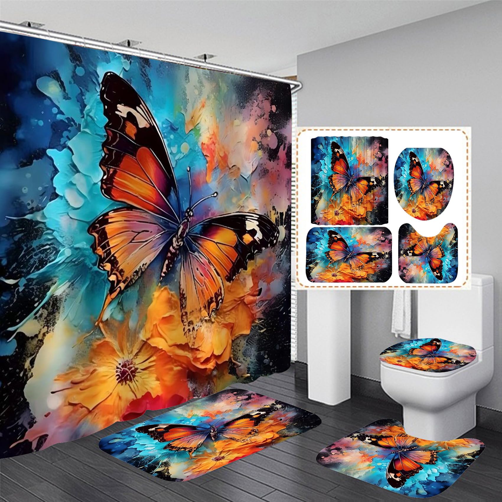 Pretyw 4 Pcs Flower Butterfly Shower Curtain Set With Non-Slip Rug, Toilet Lid Cover And Mat, Colorful Butterfly Shower Curtain