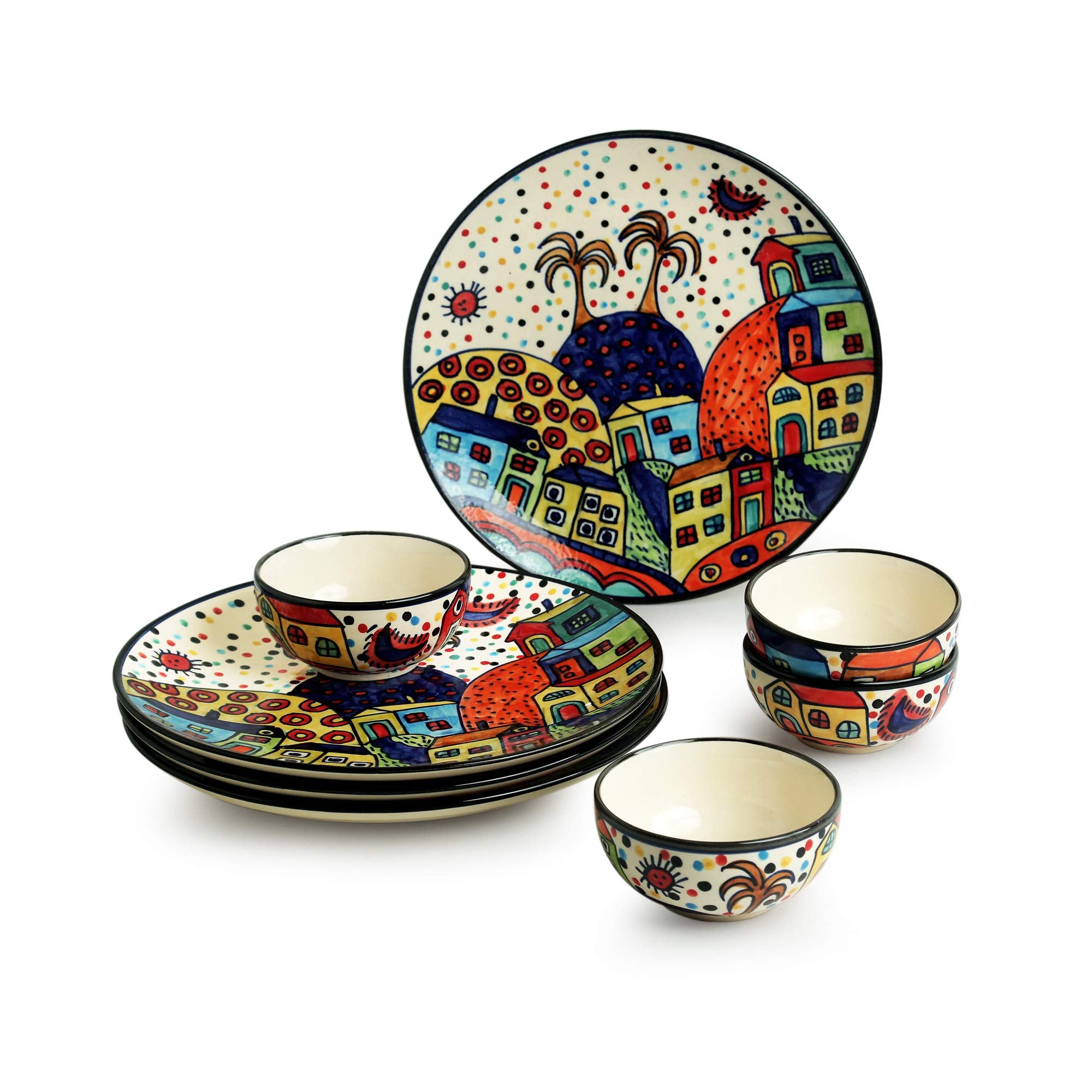 Exclusivelane Hut Dining Handpainted Ceramic Dinner Set Ceramic Plates For Dinner Plates With Ceramic Bowls Katoris (8 Pieces,