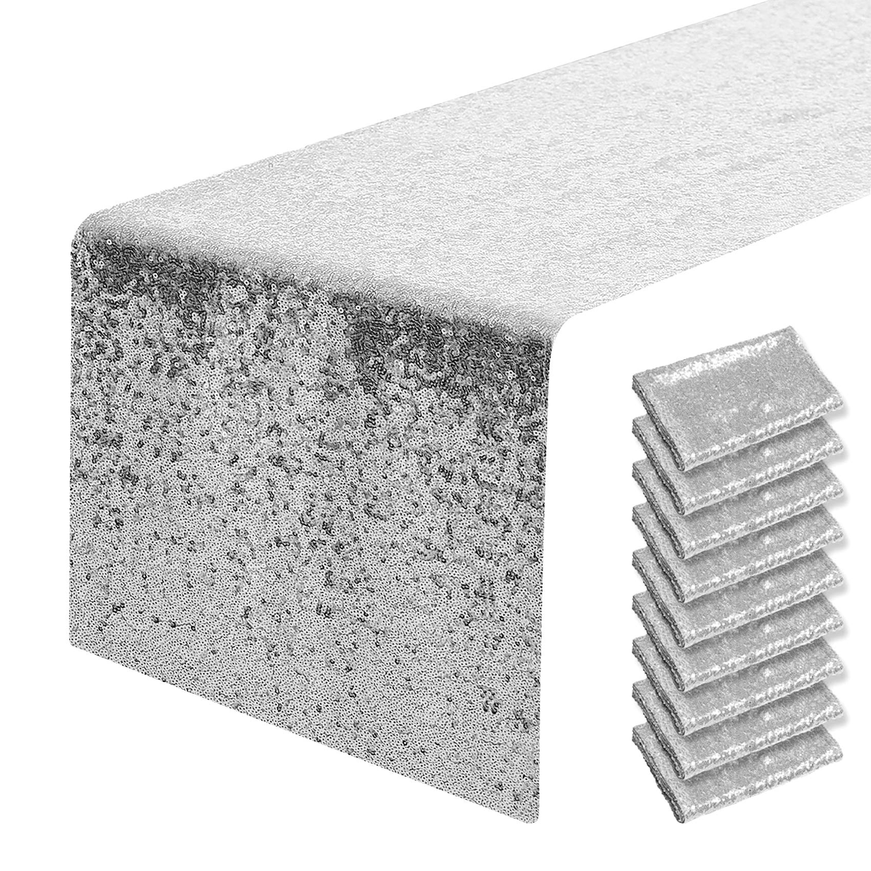 10 Packs 12 X 72 Inches Silver Sequin Table Runner, Glitter Runner For Birthday Party Supplies Decorations Wedding Bachelorette