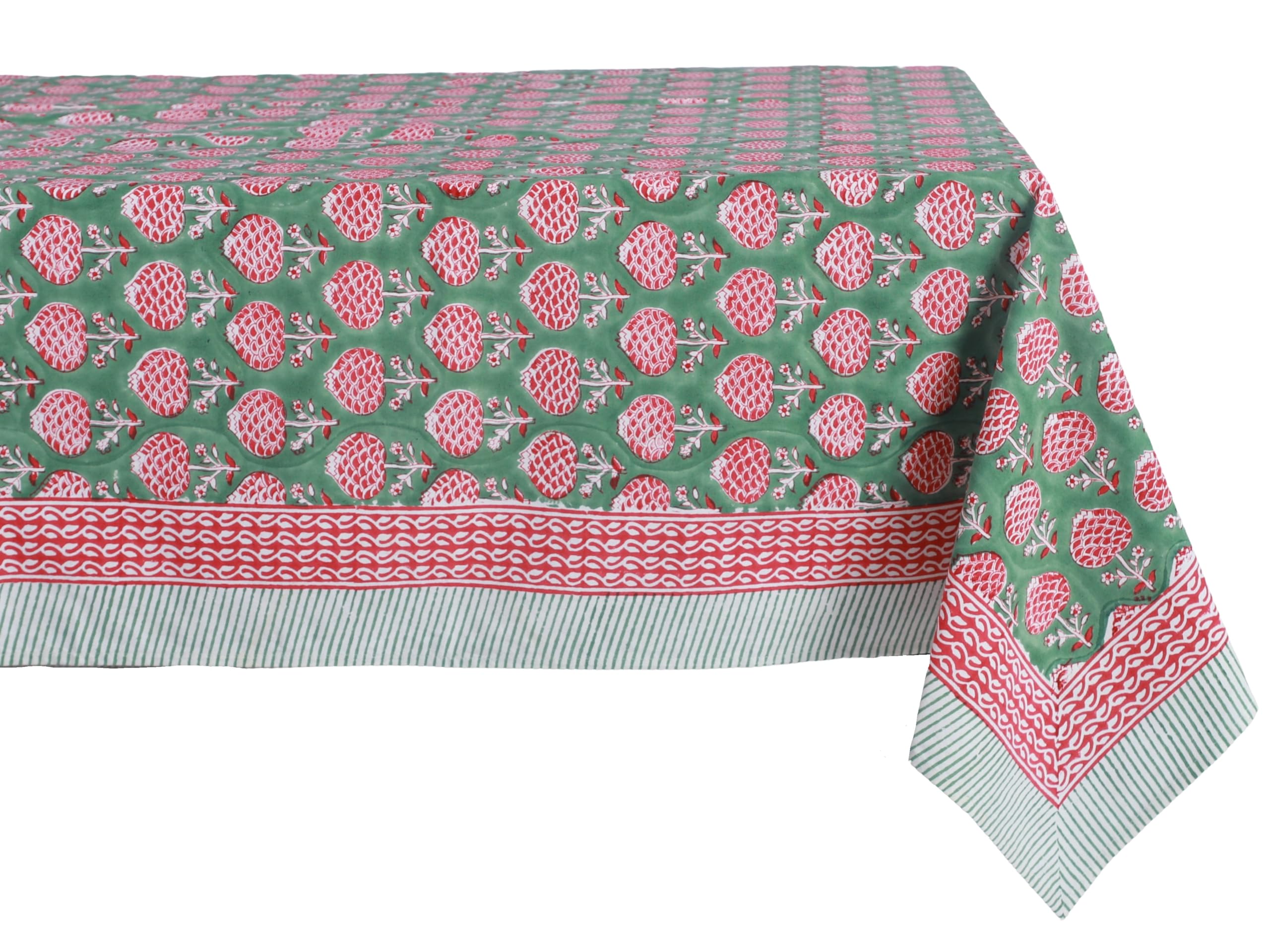 ATOSII Roma Green100% Cotton Rectangle Summer Tablecloth, Block Print Floral Linen Table Cloth for Dining Table Parties Wedding 