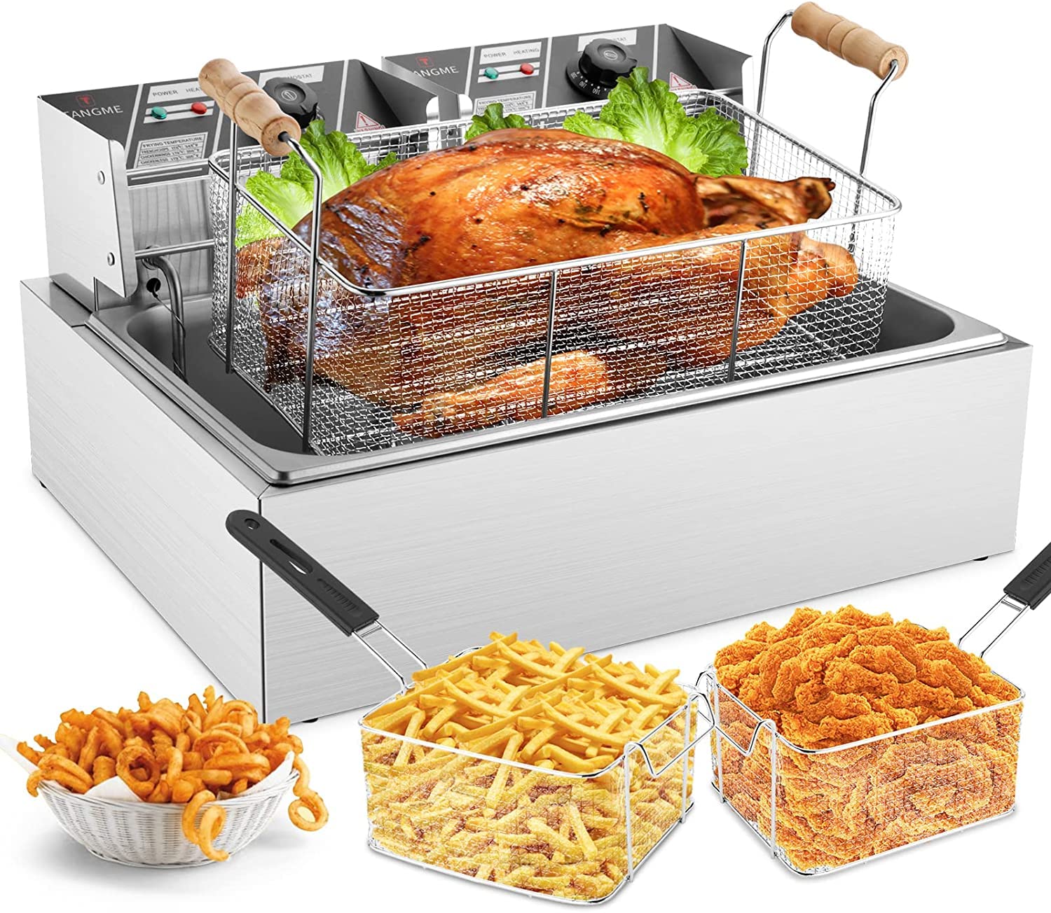 Tangme Commercial Deep Fryer, 3400W Electric Turkey Fryer With 3-Baskets, 22L/23.25Qt 1Mm Thickened Stainless Steel Countertop S