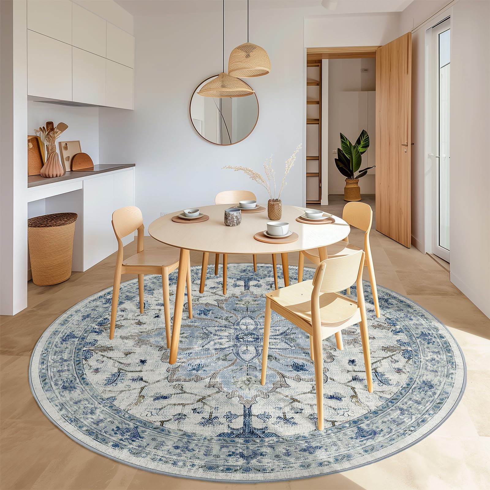 RELEANY Area Rugs 8ft Washable Non-Slip, Floral Vintage Distress Print Pattern Medallion Carpet for Living Room Bedroom Dining R