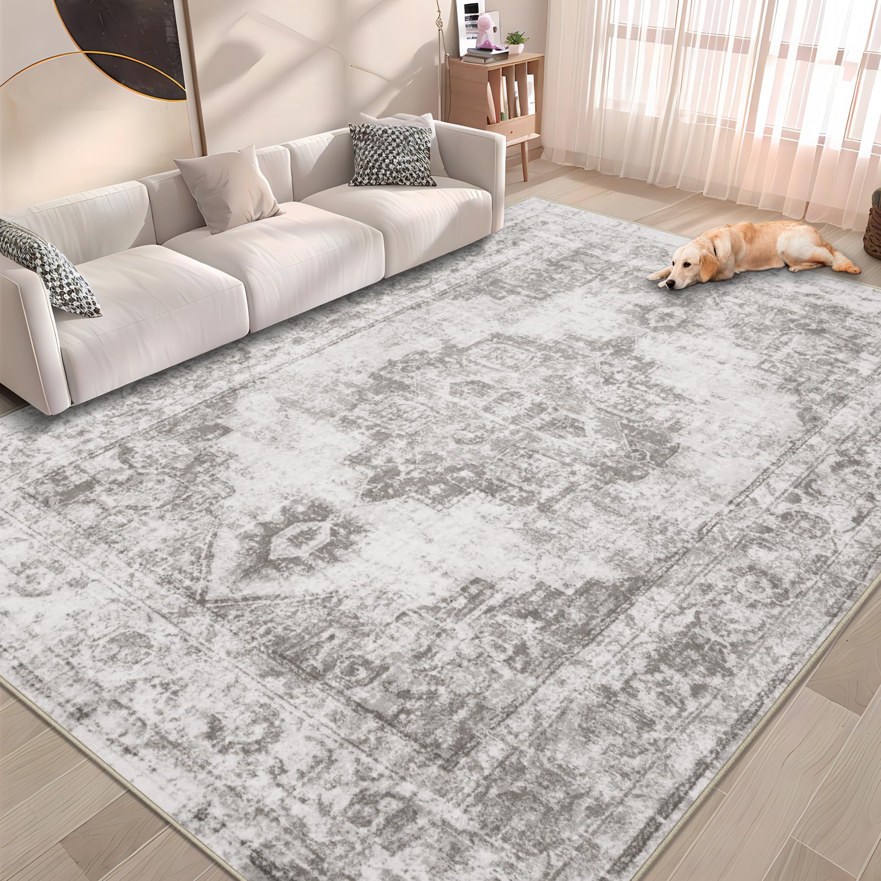 Area Rug 6x9 Vintage Rugs: Washable Indoor Medallion Rug Low Pile Distressed Floor Carpet Retro Accent Rugs for Living Room Bedr