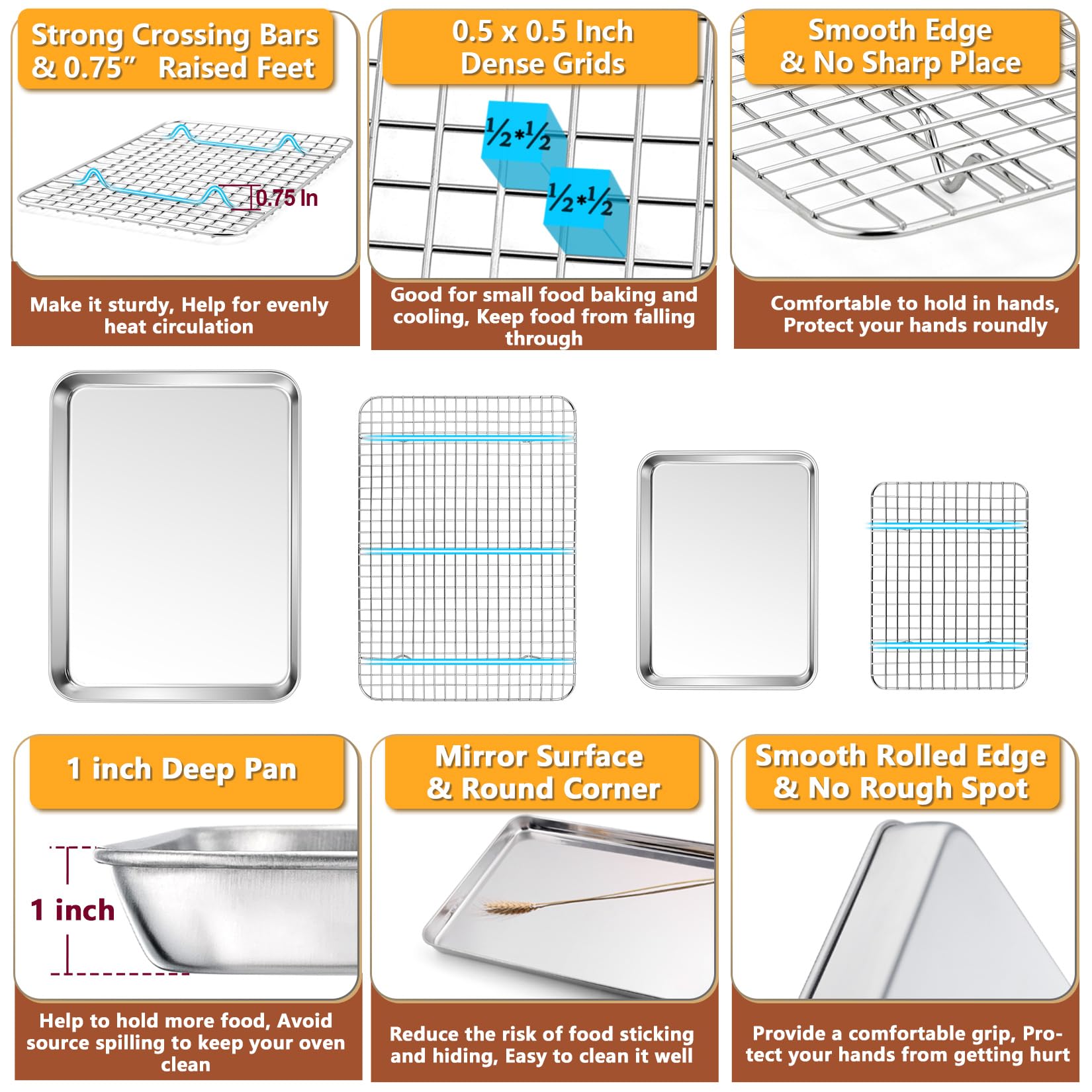 P&P Chef Baking Sheet And Rack Set, 4 Pack (2 Sheets + 2 Racks), 2 Sizes Stainless Steel Baking Pans Cookie Sheets With Cooling