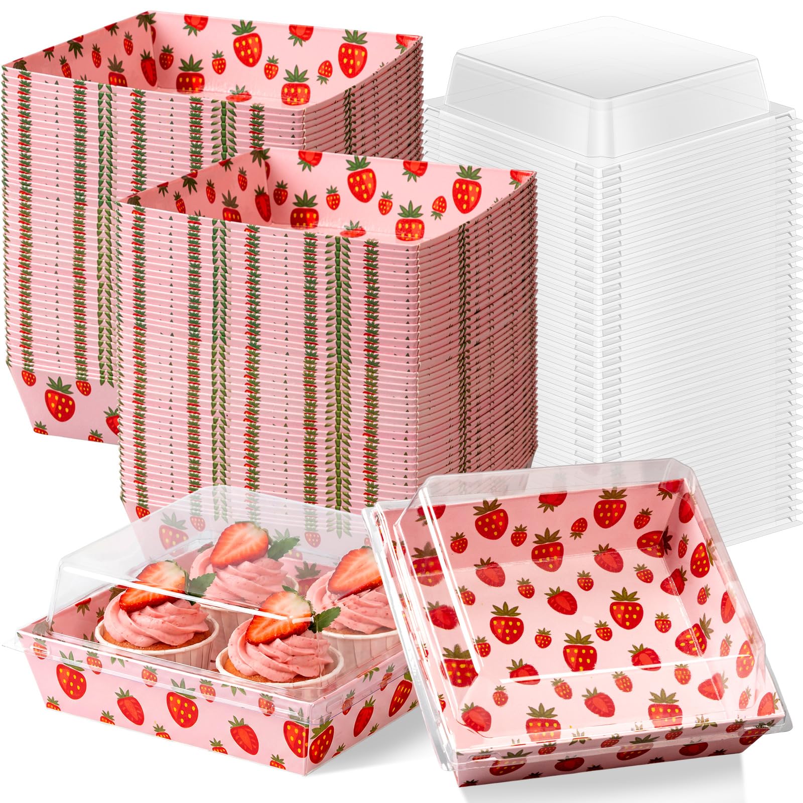 Potchen 50 Pack Strawberry Charcuterie Boxes with Clear Lids - Pink Strawberry Design Boxes with Window for Cookies, Candy, and 