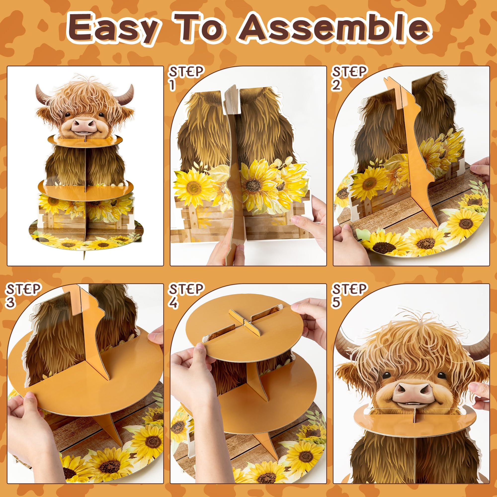 Salovio Highland Cow Cupcake Stand - 3 Tiers Highland Cow Cupcake Stand Baby Highland Cow Birthday Party Cardboard Cupcake Holde