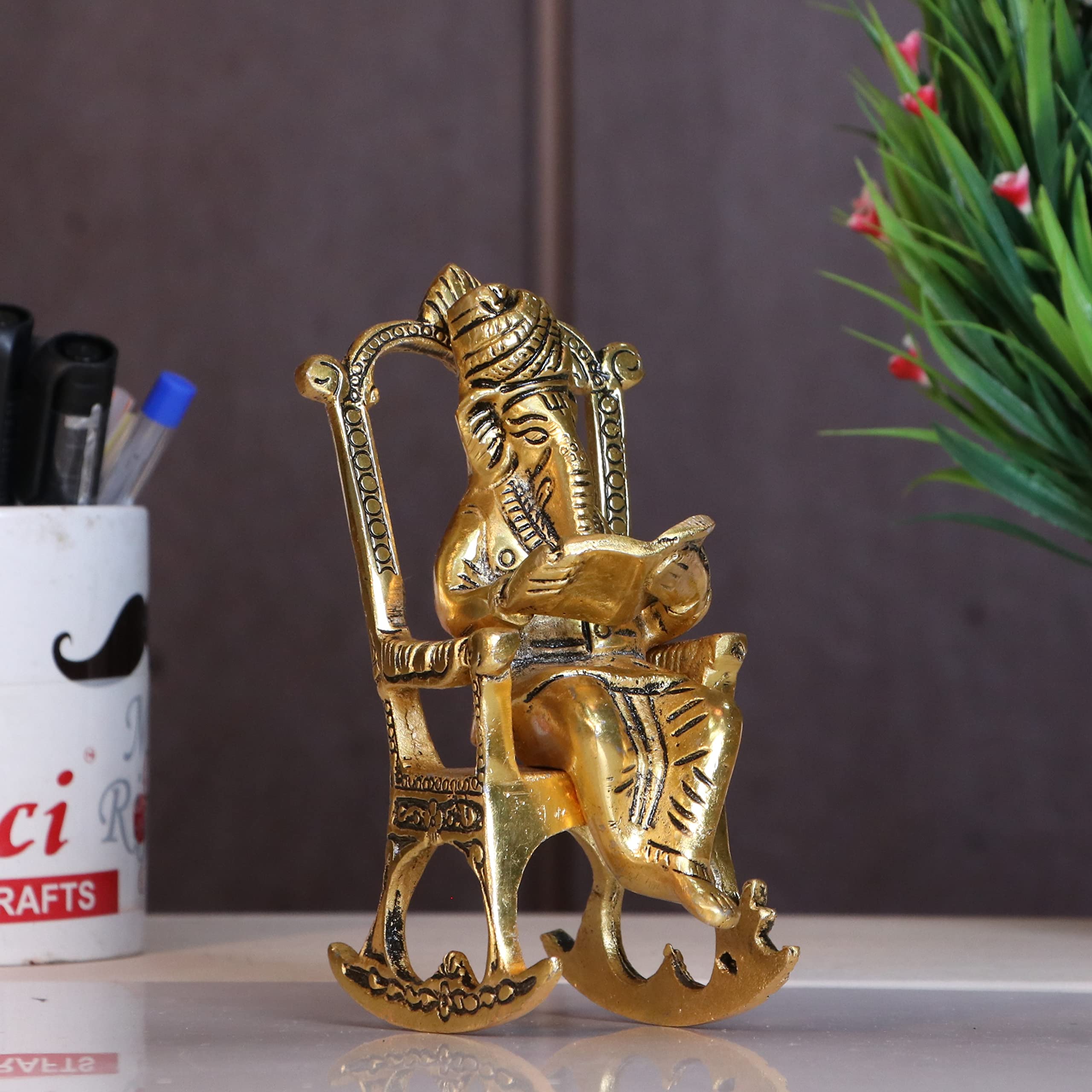 Dreamkraft Metal Chair Ganesh Ganpati Idol With Reading Ramayan Home Decoration And Gifts For Your Love Once