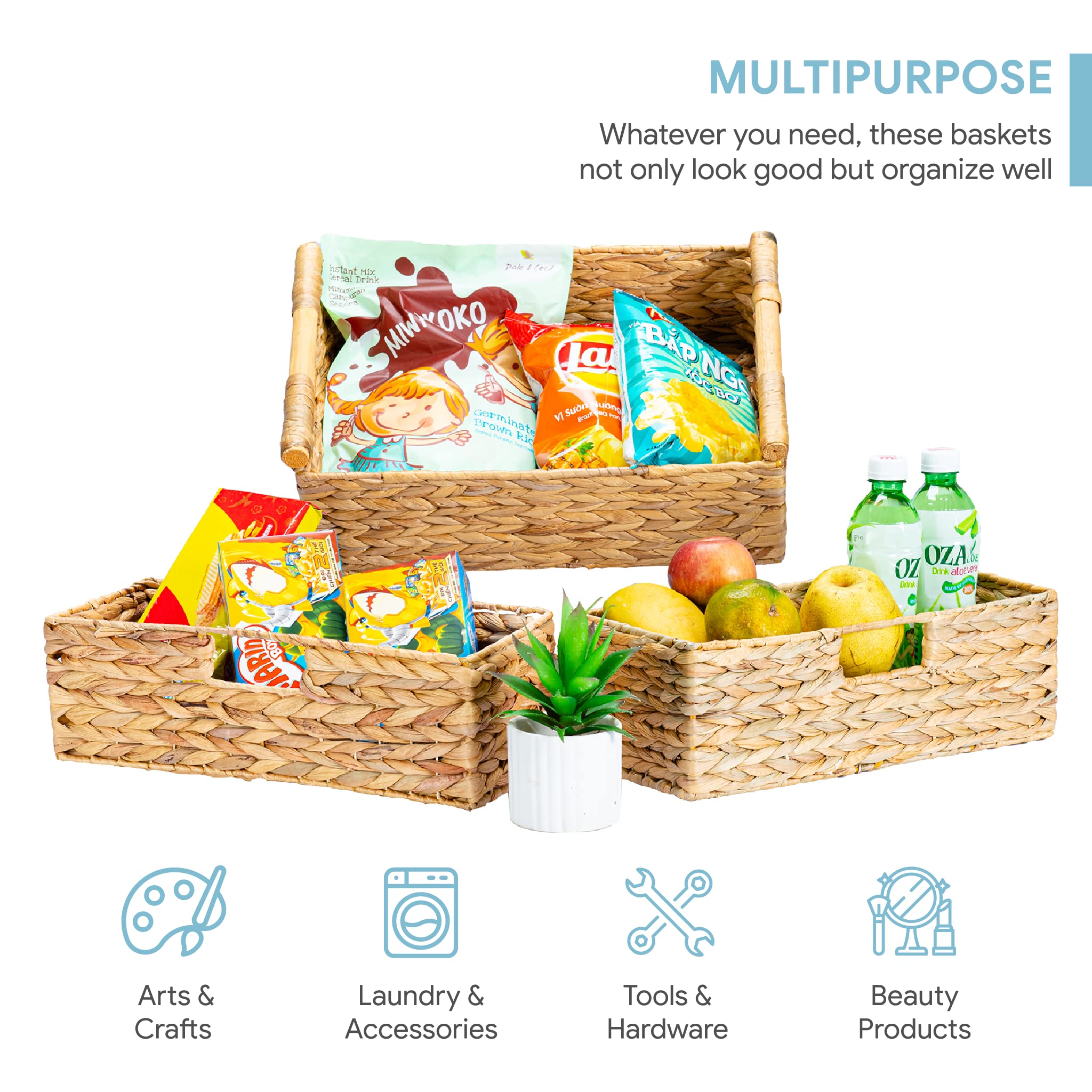 VATIMA Large Water Hyacinth Storage Baskets for Organizing with Wooden Handles for Shelves  2 Bathroom Small Basket  Water Hyacinth Toilet Paper Baskets  Set of Natural Wicker Storage Basket for Home