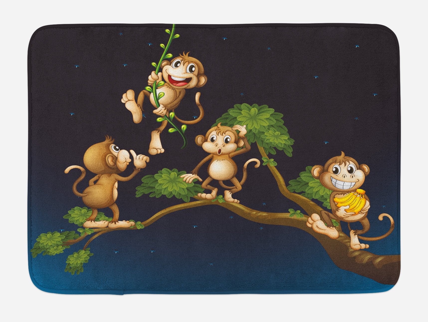 Lunarable Nature Bath Mat, Animal Theme Illustration Of 4 Monkeys On The Tree Branch Art, Plush Bathroom Decor Mat With Non Slip
