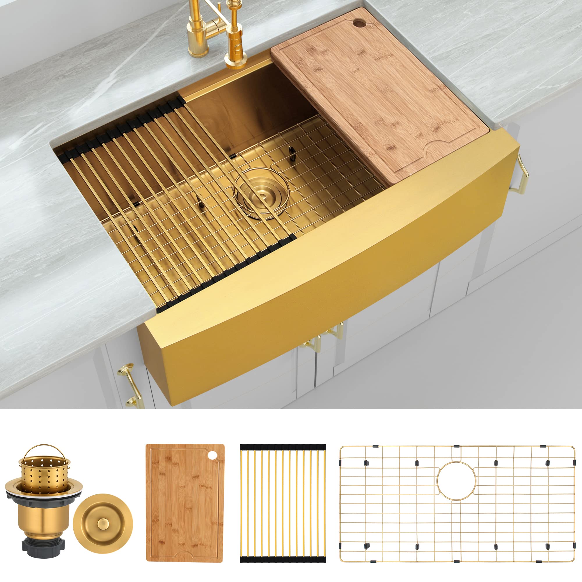 MONSINTA 33 Inch Gold Farmhouse Sink, 16 Gauge Deep Kitchen Sink, Single Bowl Kitchen Sink, Stainless Steel Farmhouse Kitchen Si