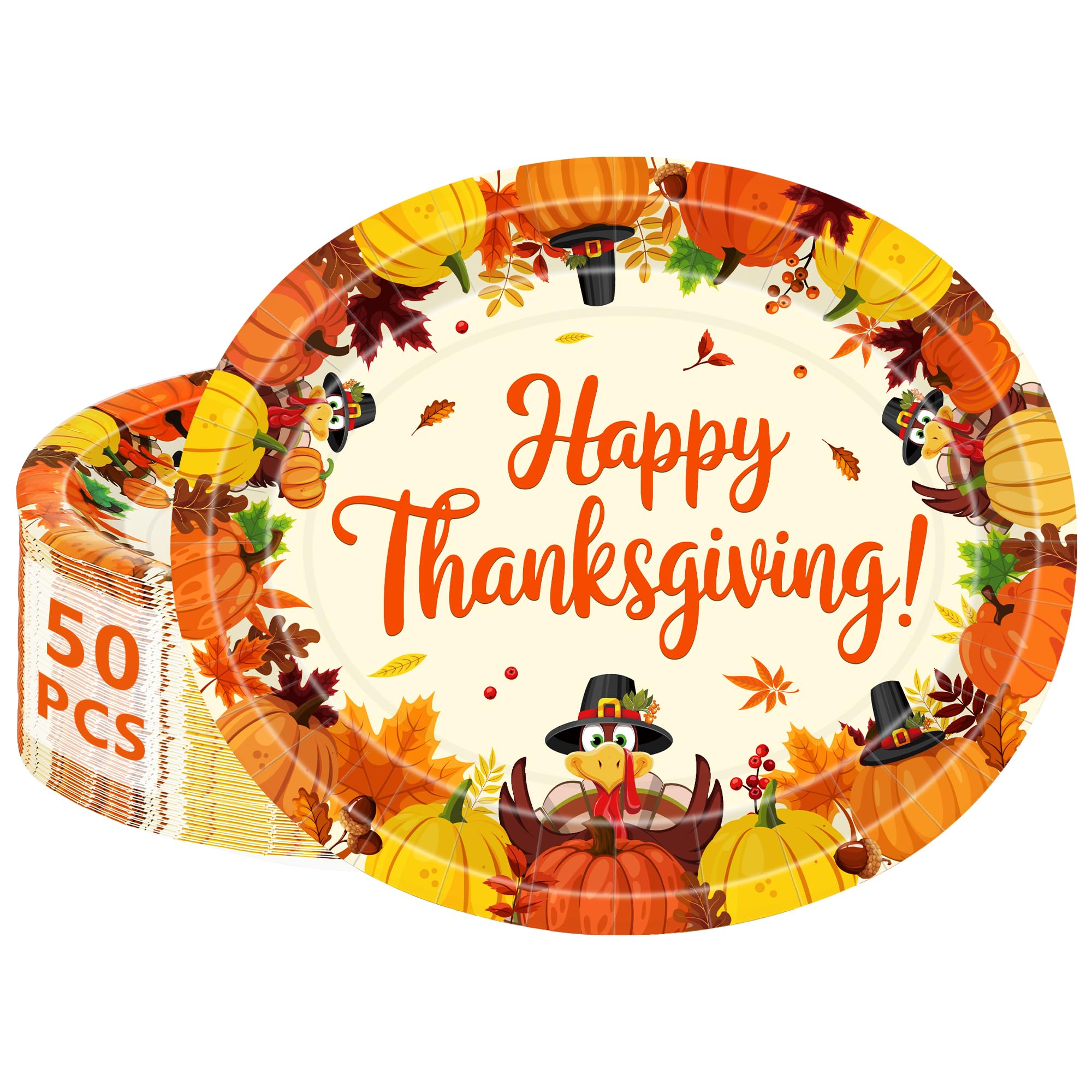 QZYL 50 Pcs Oval Thanksgiving Plates, 12.2 x 10.2 Inches Pumpkin Turkey Tableware Set, Disposable Plates Autumn Dinnerware, Fall