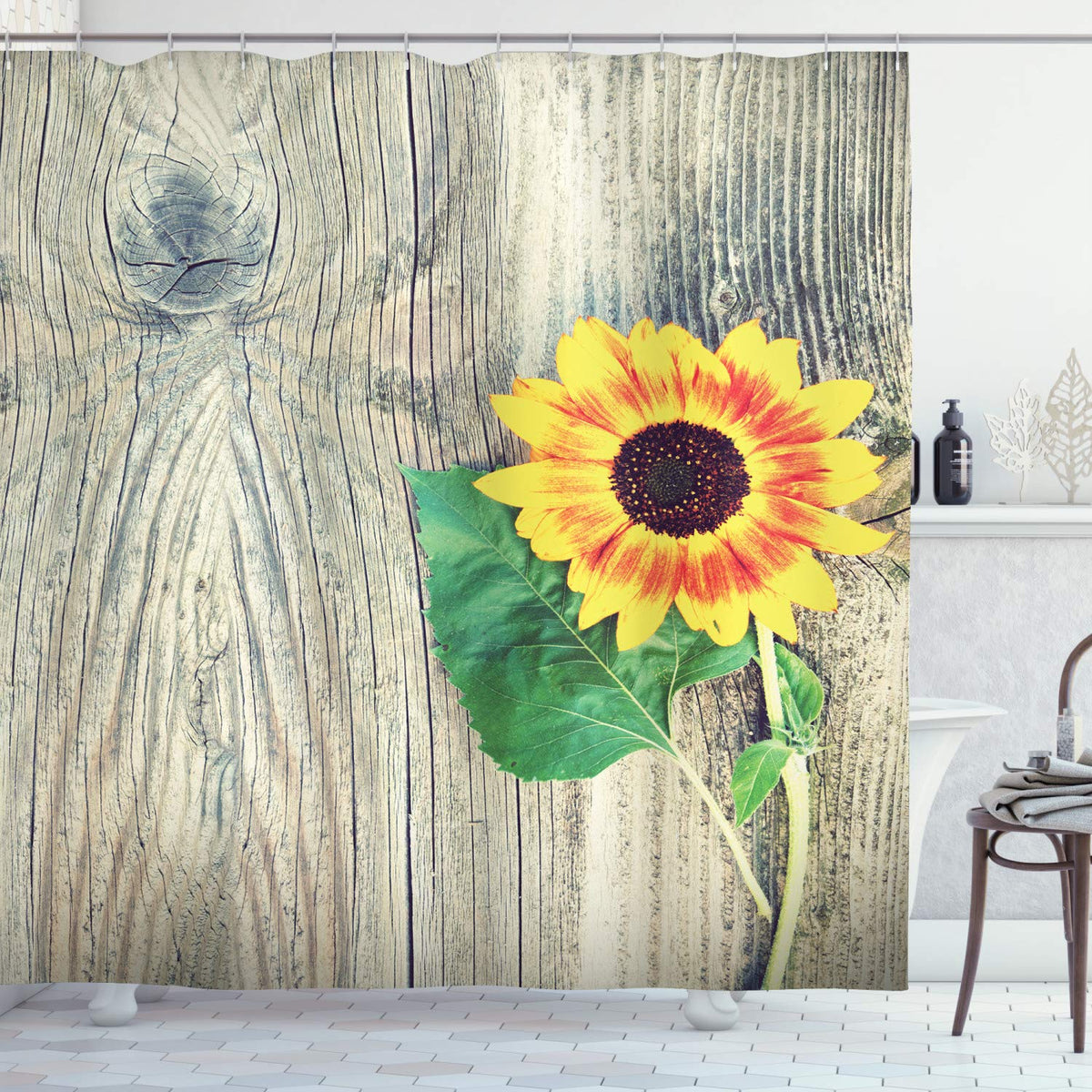 Ambesonne Sunflower Shower Curtain, Sunflower On Wooden Old Board Bouquet Floral Mother Earth Photo, Cloth Fabric Bathroom Decor