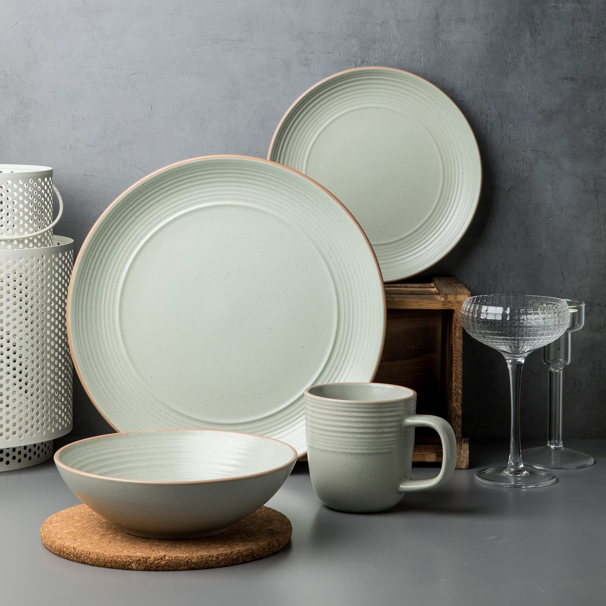 Arora RINGAR Round Stoneware 16pc Dinnerware Set of 4, Dinner Plates, Side Plates, Cereal Bowls, Mugs - Speckle Matte White (406