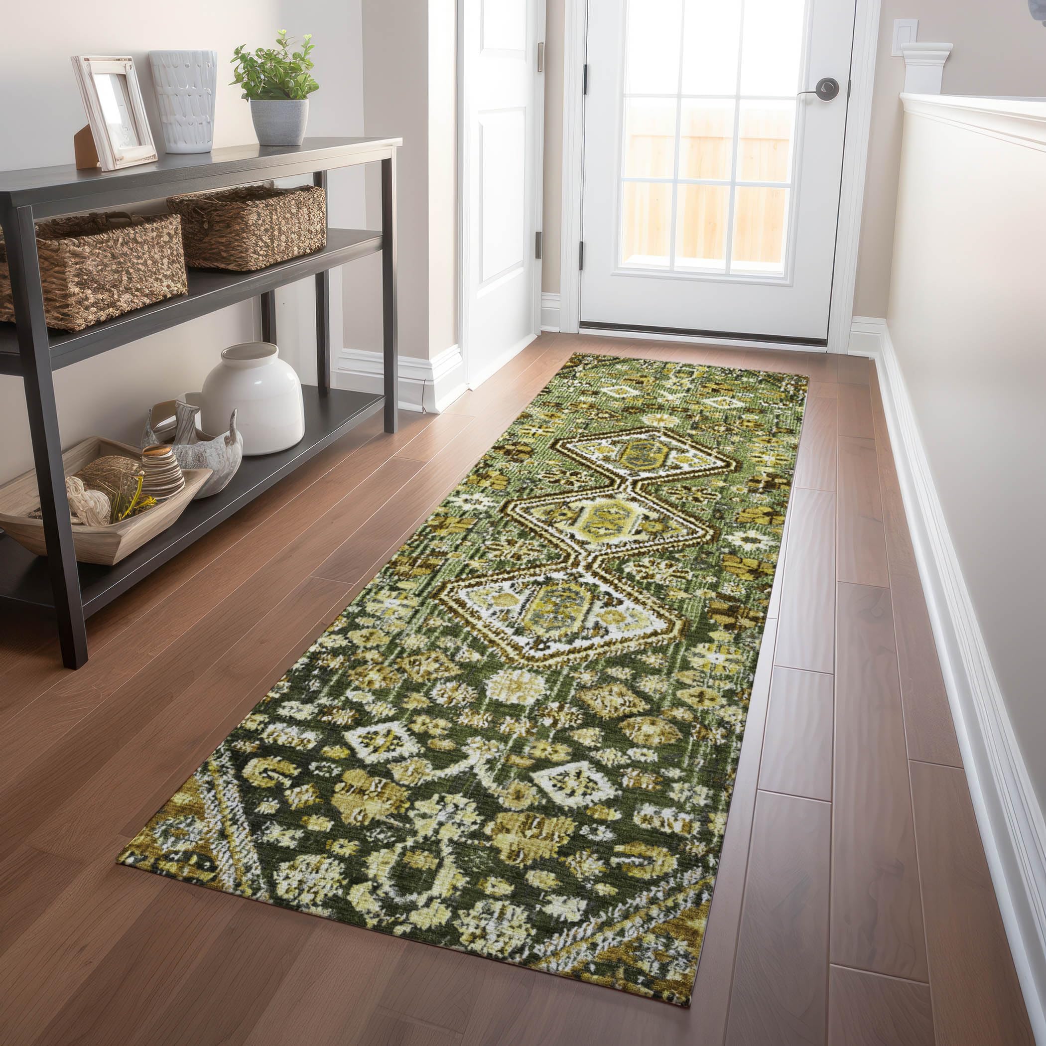 Machine Washable Indoor/Outdoor Chantille Olive 23 x 76 Runner Rug