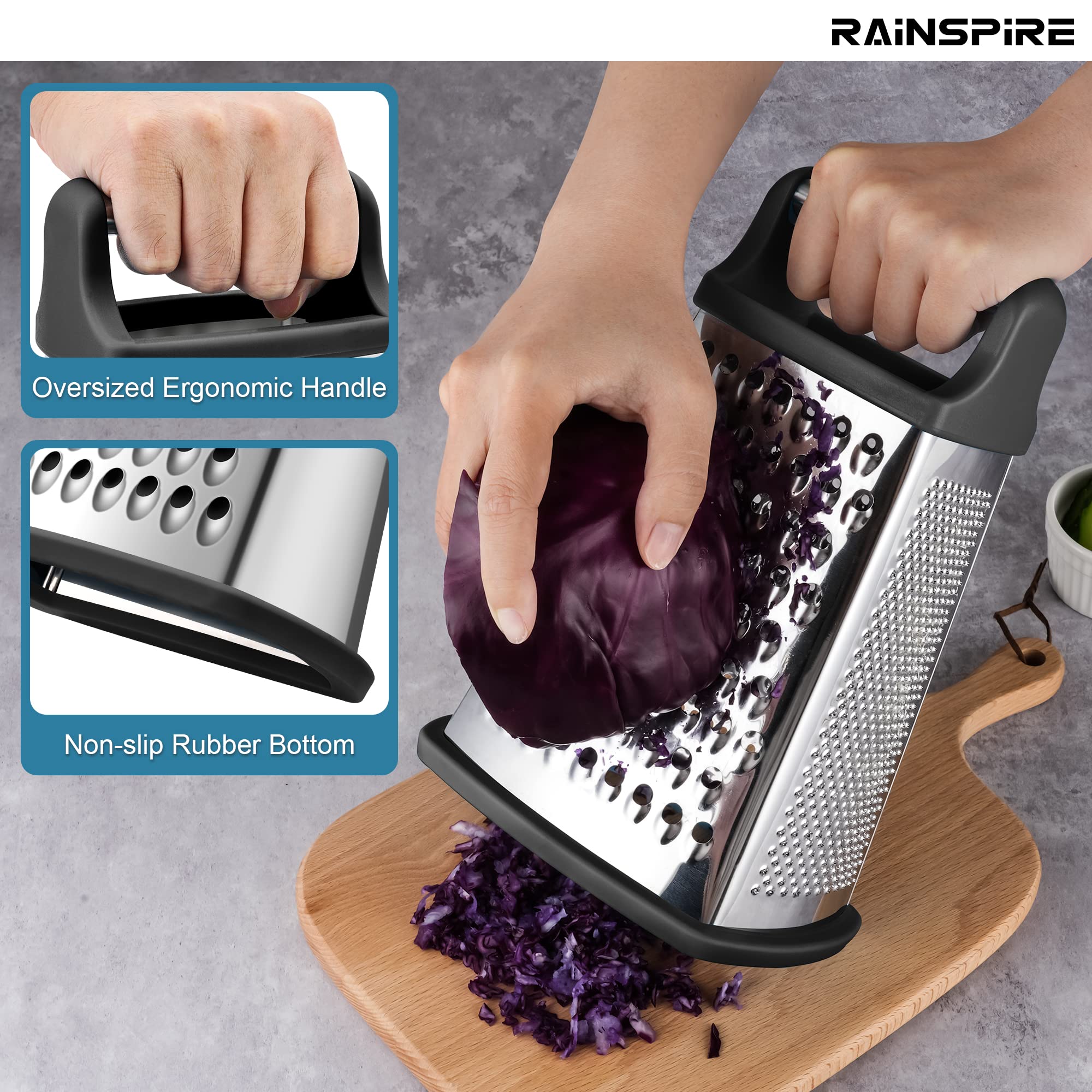 Rainspire Professional Box Grater, Cheese Grater Box For Kitchen Stainless Steel With 4 Sides, Cheese And Spice Graters With Han
