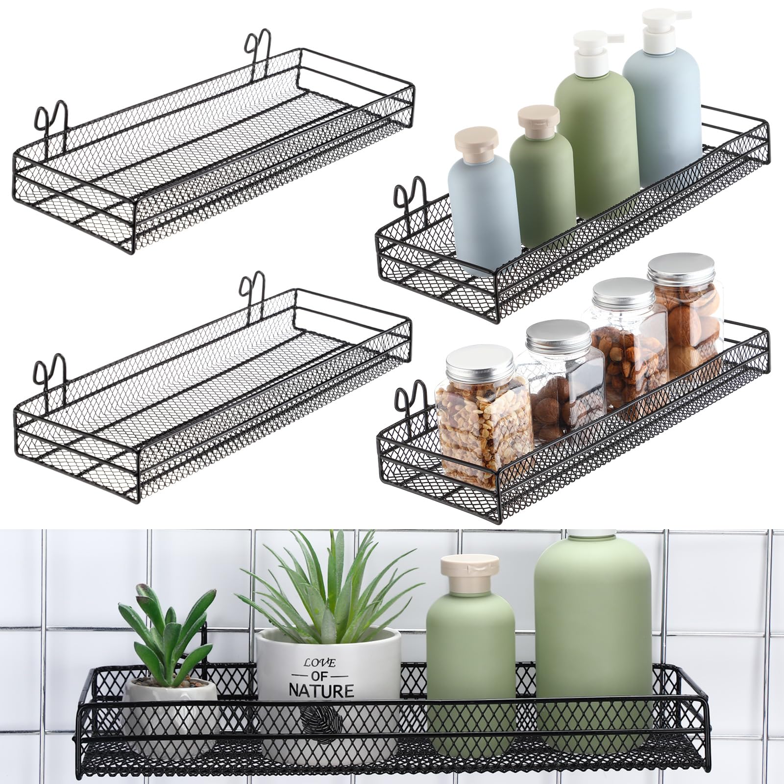 Sunnychicc 4 Pcs Black Metal Grid Wall Baskets with Hooks Hanging Wire Mesh Basket for Gridwall Wall Mounted Storage Organizer f